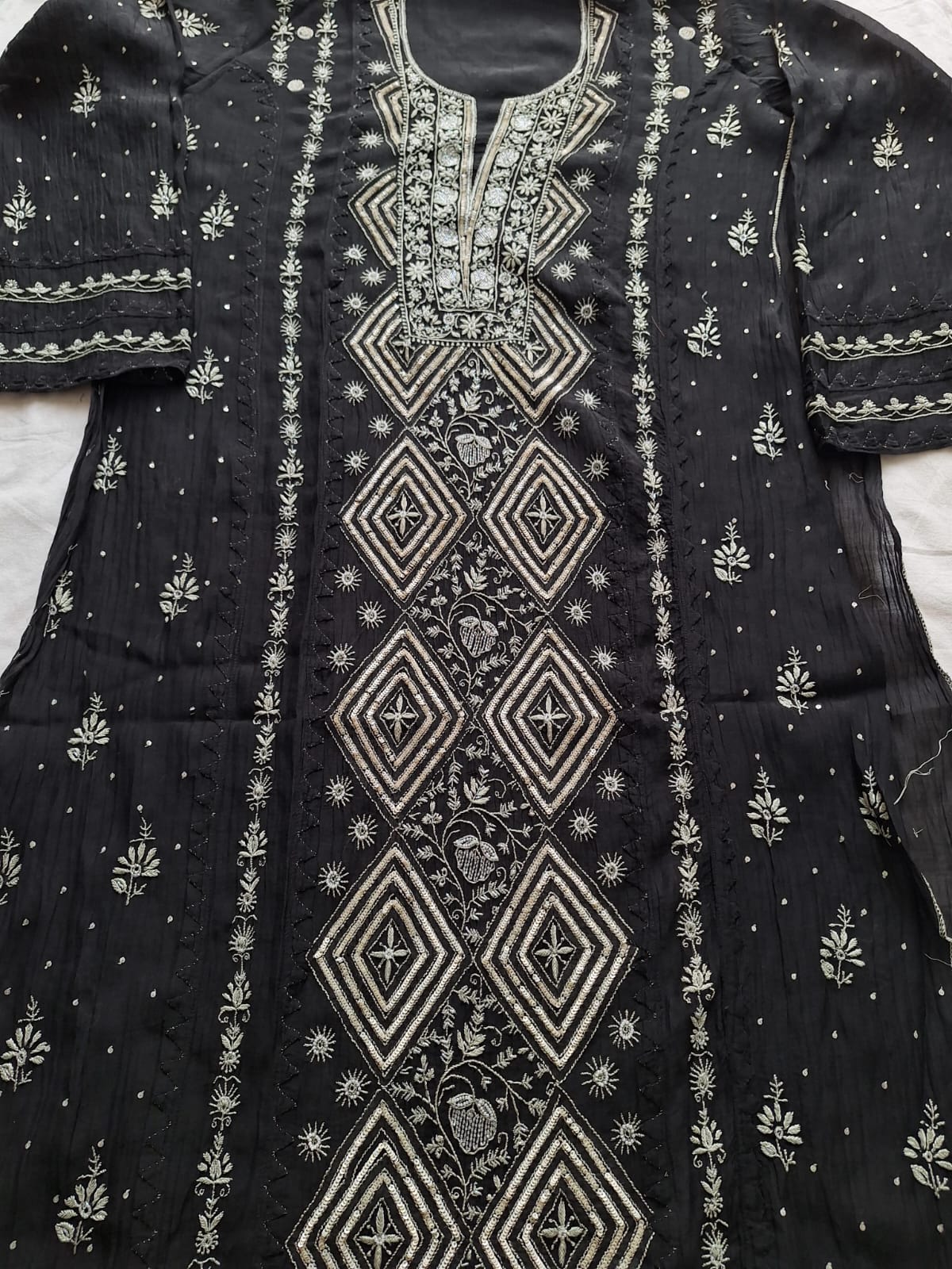 Black Mul Chanderi semi Stitched kurta dupatta with Handwork and embellishments