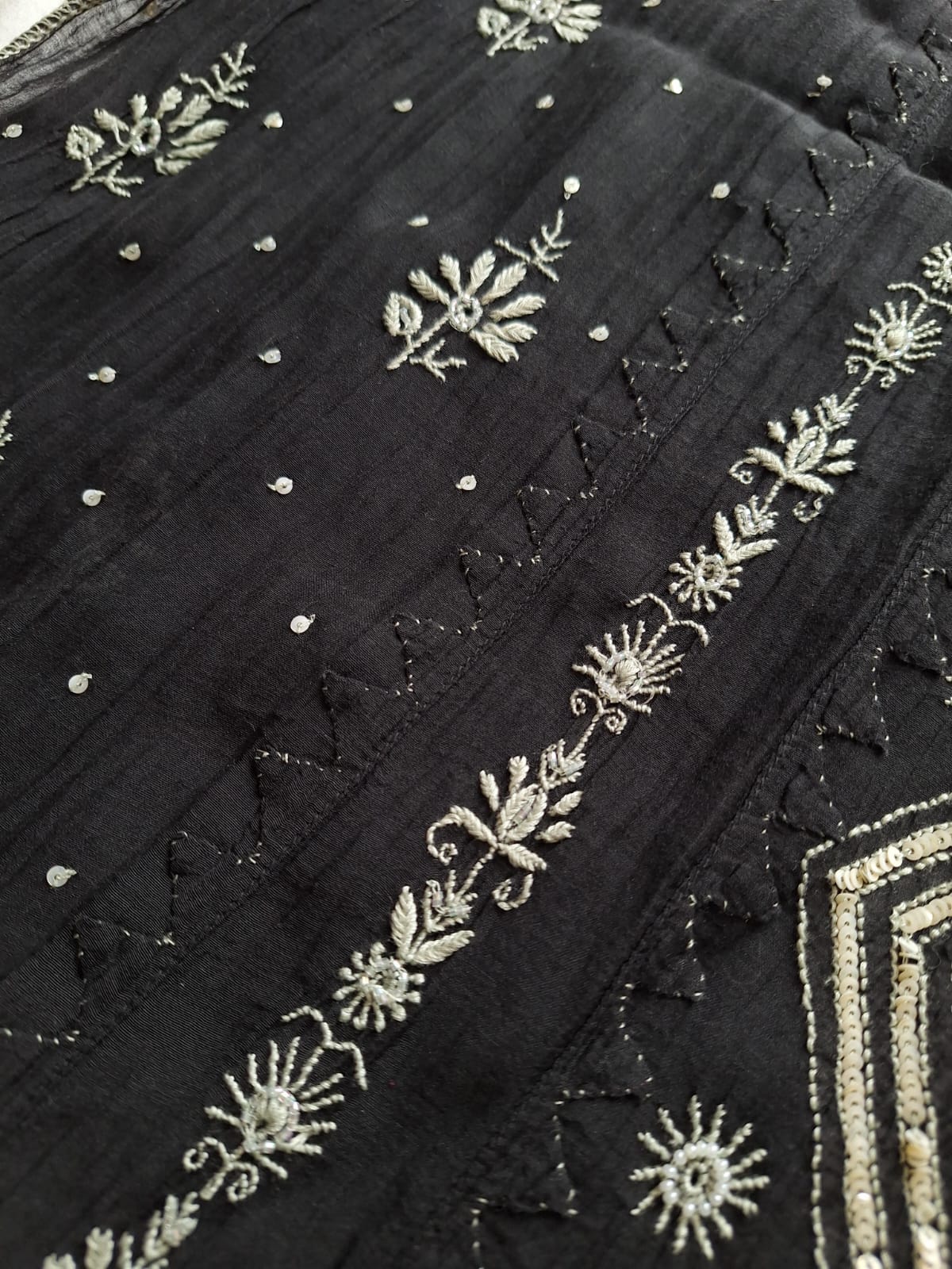 Black Mul Chanderi semi Stitched kurta dupatta with Handwork and embellishments