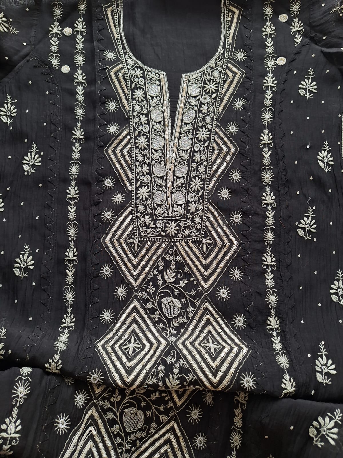 Black Mul Chanderi semi Stitched kurta dupatta with Handwork and embellishments