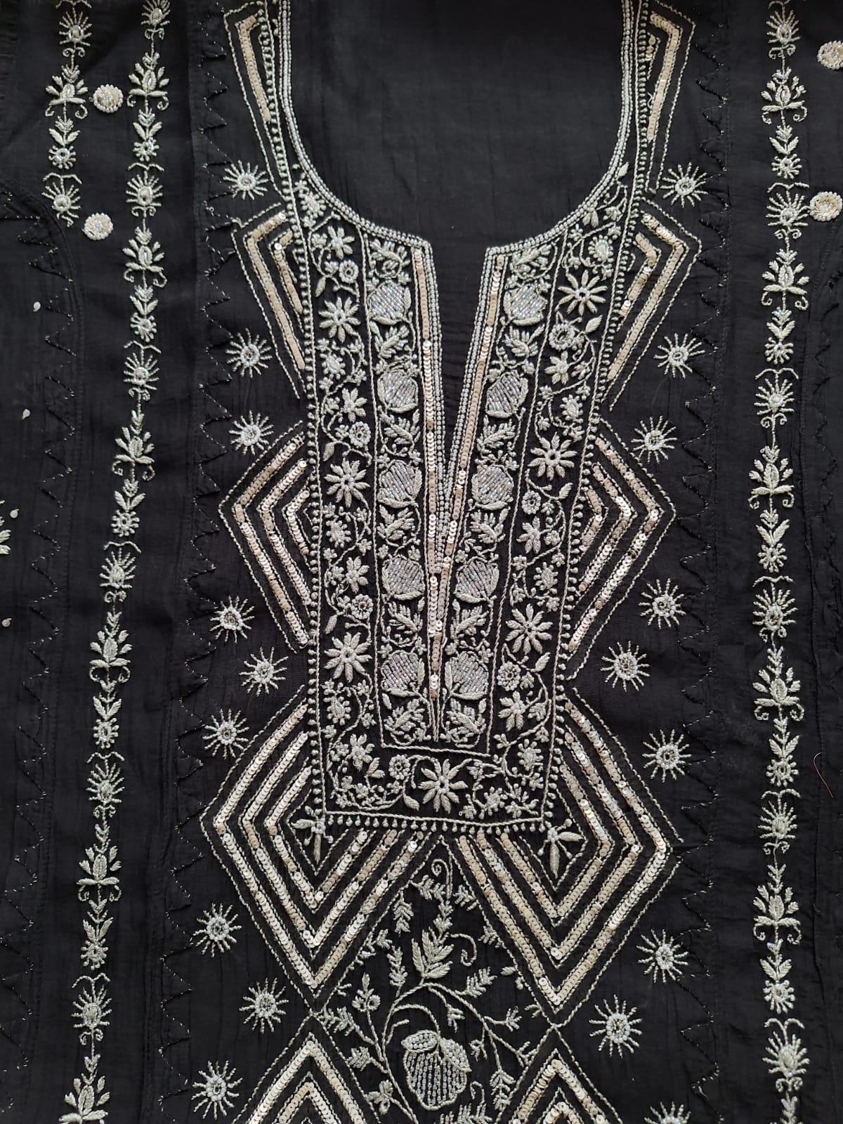 Black Mul Chanderi semi Stitched kurta dupatta with Handwork and embellishments