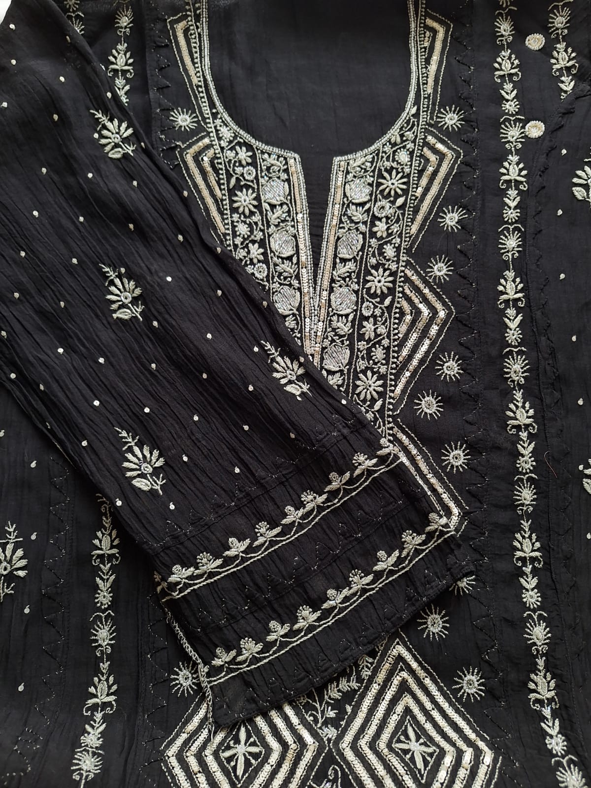 Black Mul Chanderi semi Stitched kurta dupatta with Handwork and embellishments