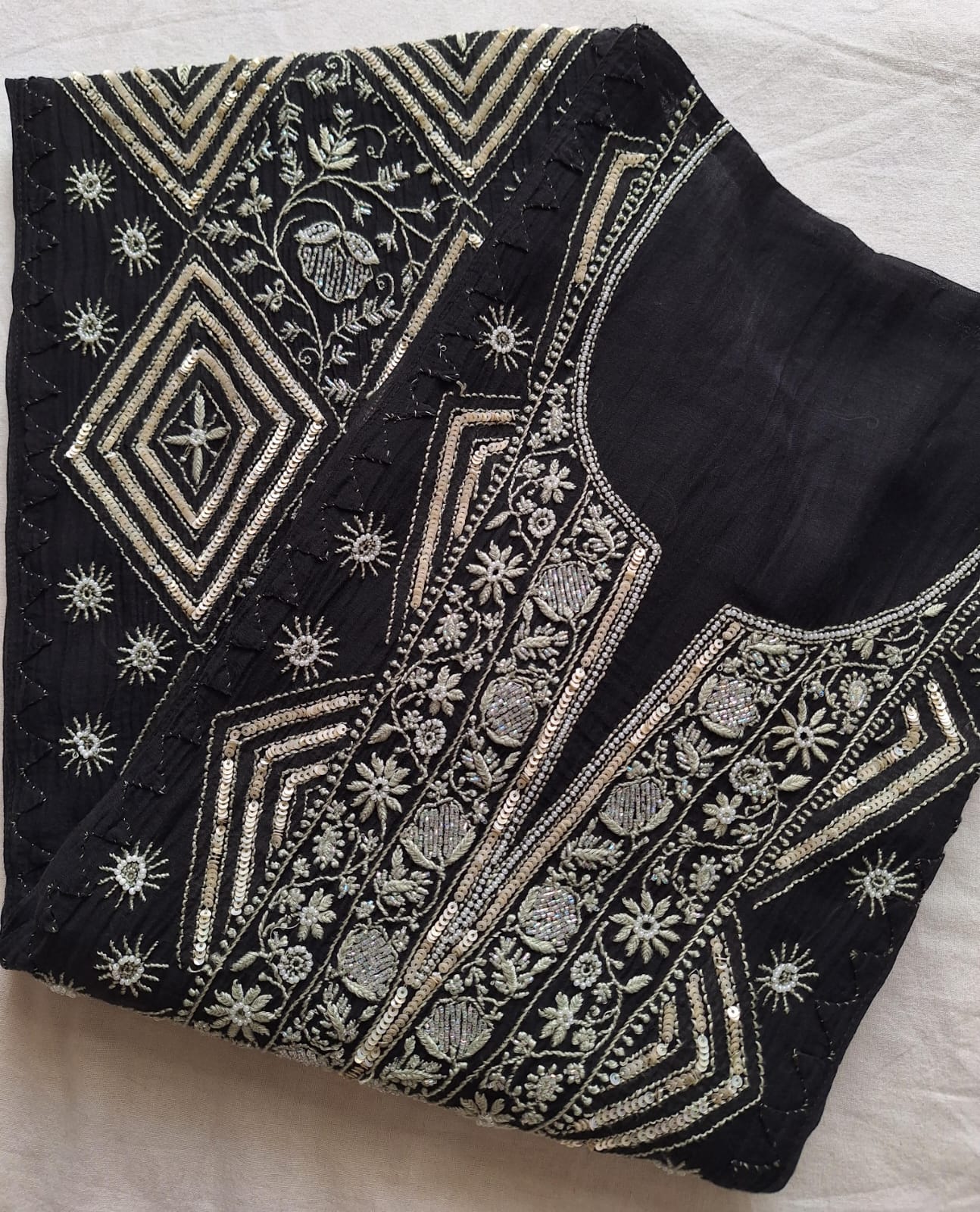 Black Mul Chanderi semi Stitched kurta dupatta with Handwork and embellishments