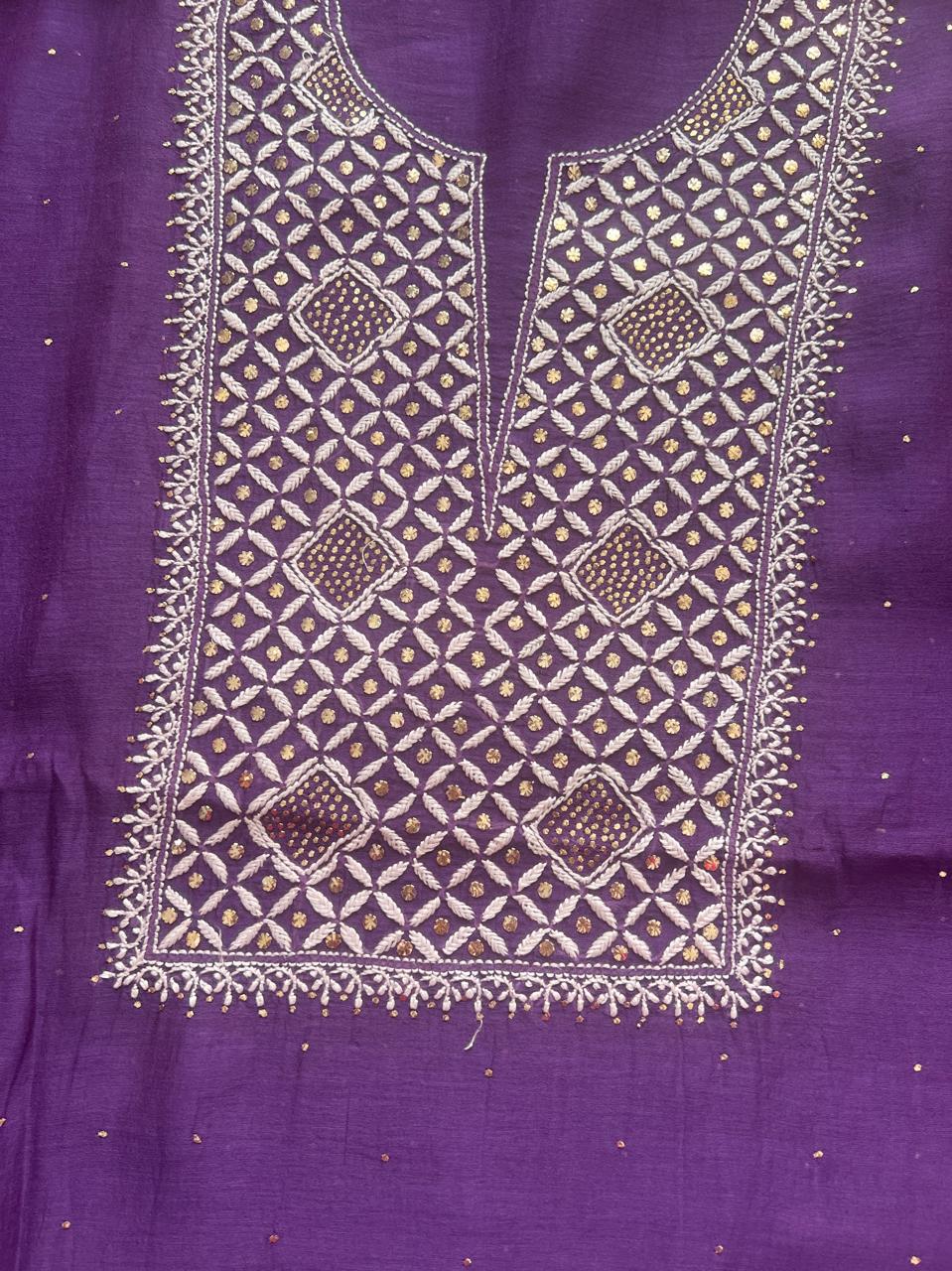 Purple Unstitched mul Chanderi Kurta and Dupatta with Mukaish