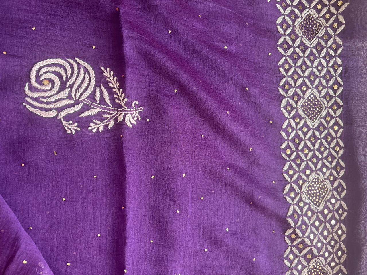 Purple Unstitched mul Chanderi Kurta and Dupatta with Mukaish