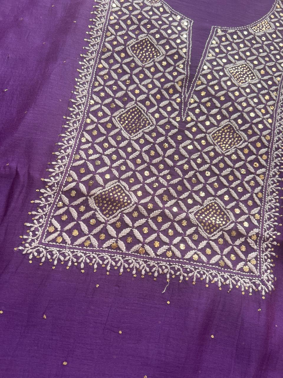 Purple Unstitched mul Chanderi Kurta and Dupatta with Mukaish