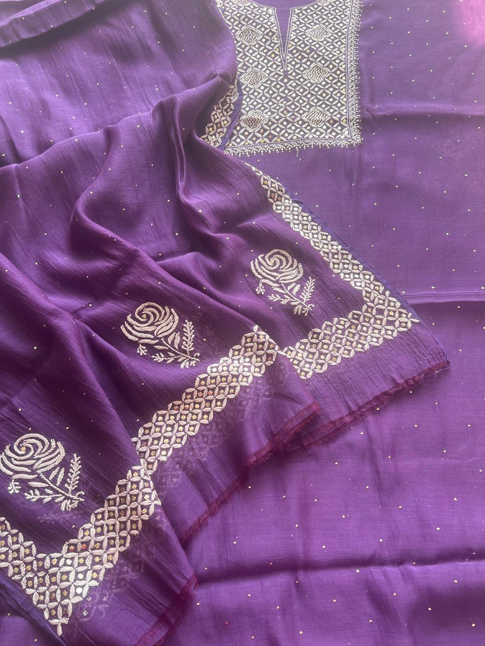 Purple Unstitched mul Chanderi Kurta and Dupatta with Mukaish