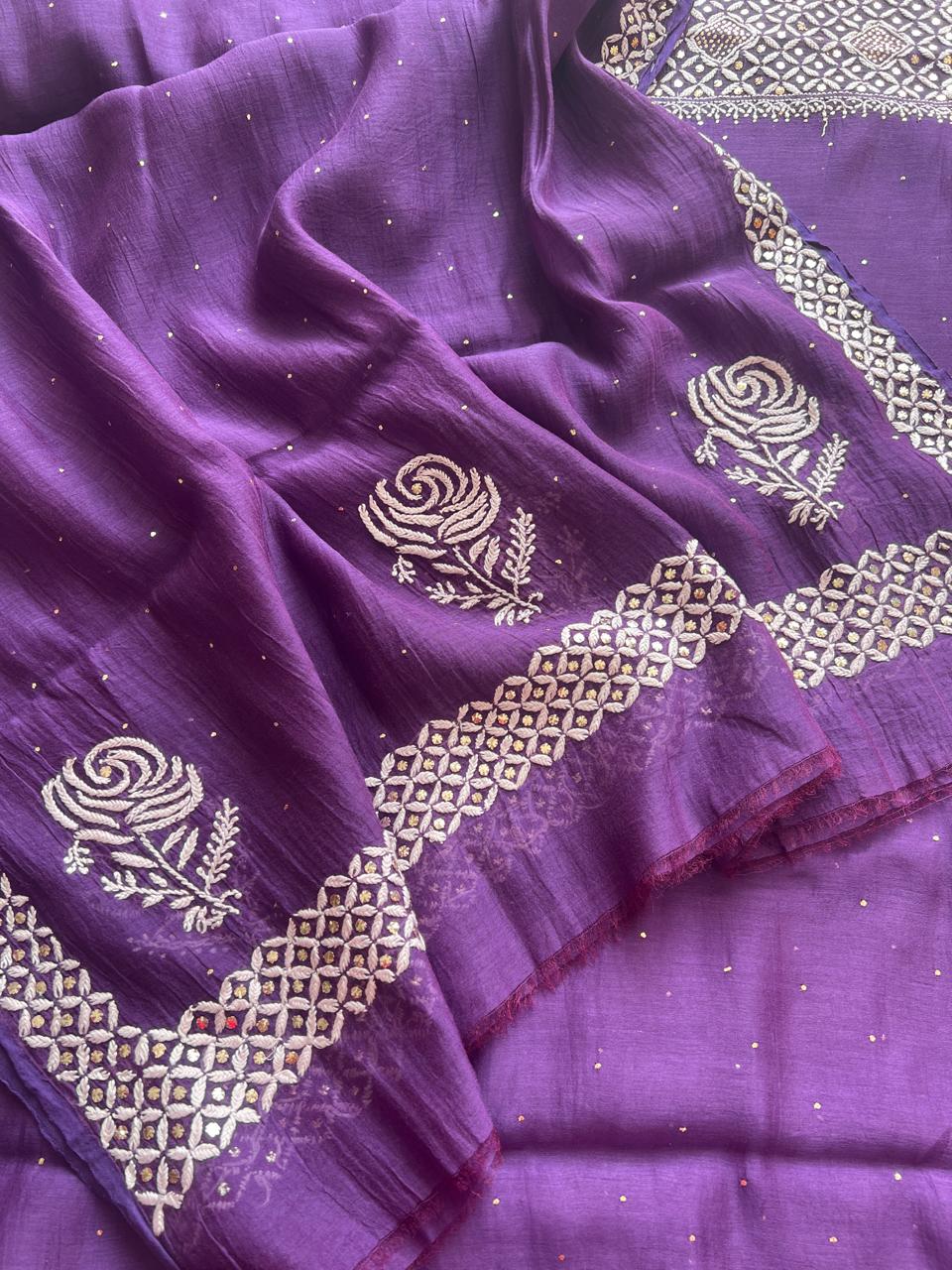 Purple Unstitched mul Chanderi Kurta and Dupatta with Mukaish