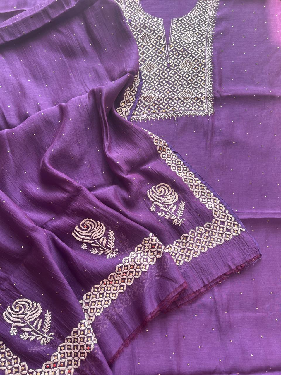 Purple Unstitched mul Chanderi Kurta and Dupatta with Mukaish