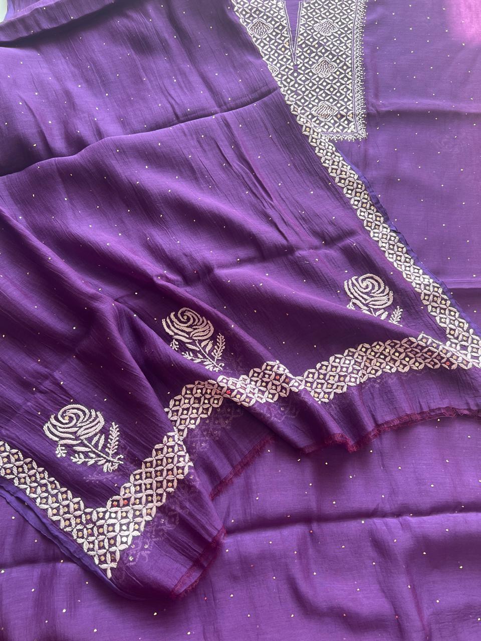 Purple Unstitched mul Chanderi Kurta and Dupatta with Mukaish