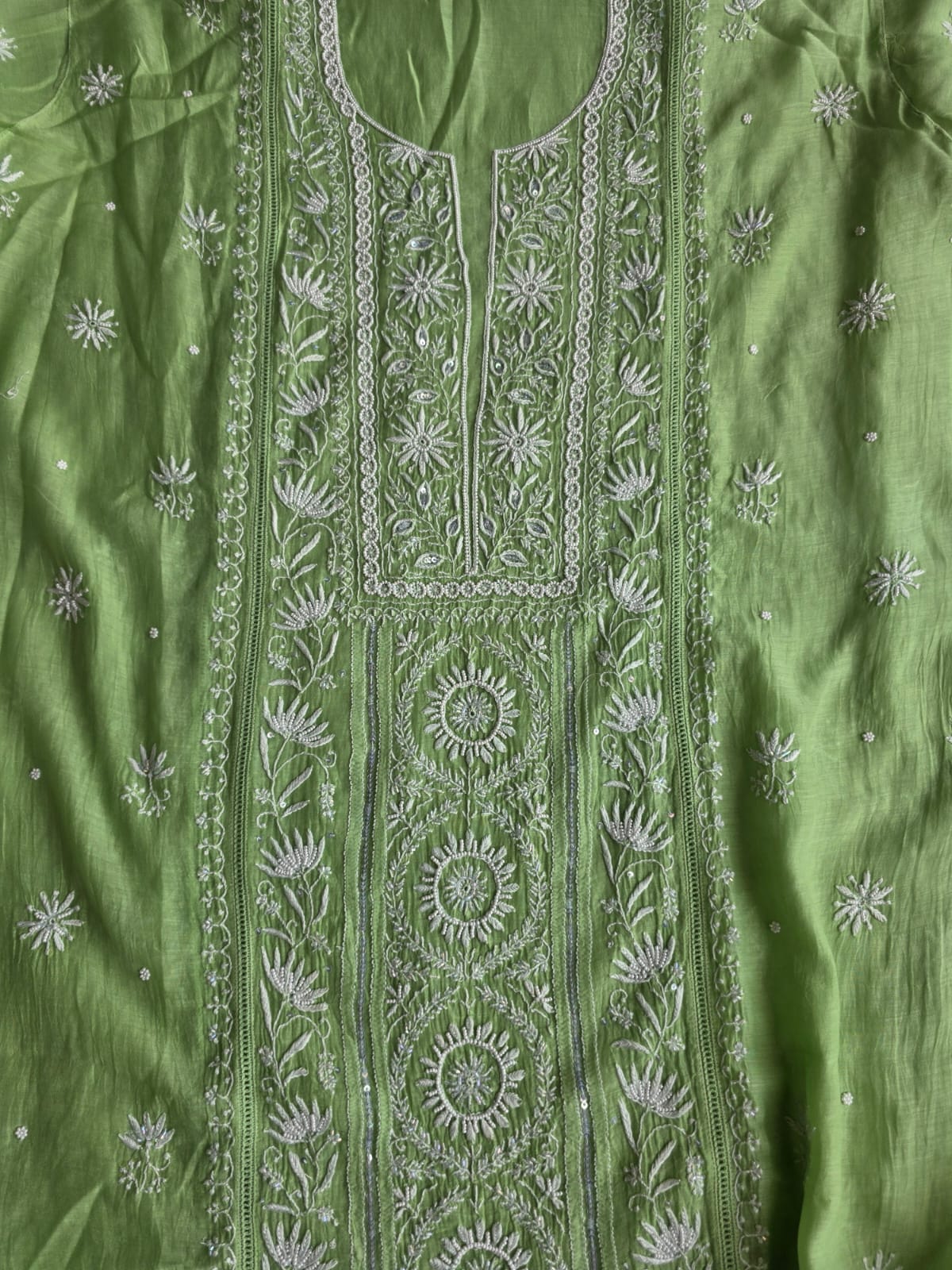 Green Mul chanderi Chikan work Kurta dupatta with Add on