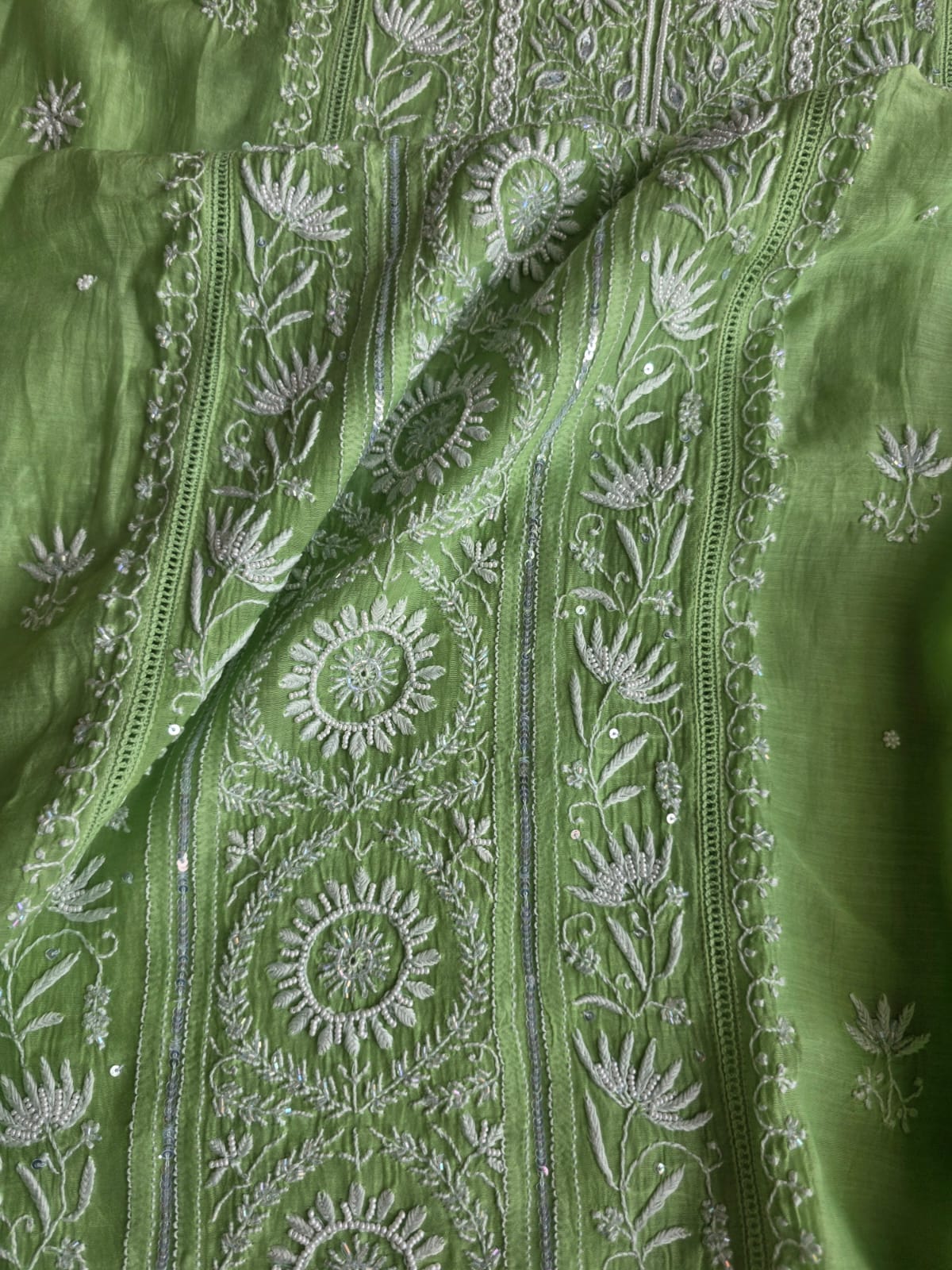 Green Mul chanderi Chikan work Kurta dupatta with Add on
