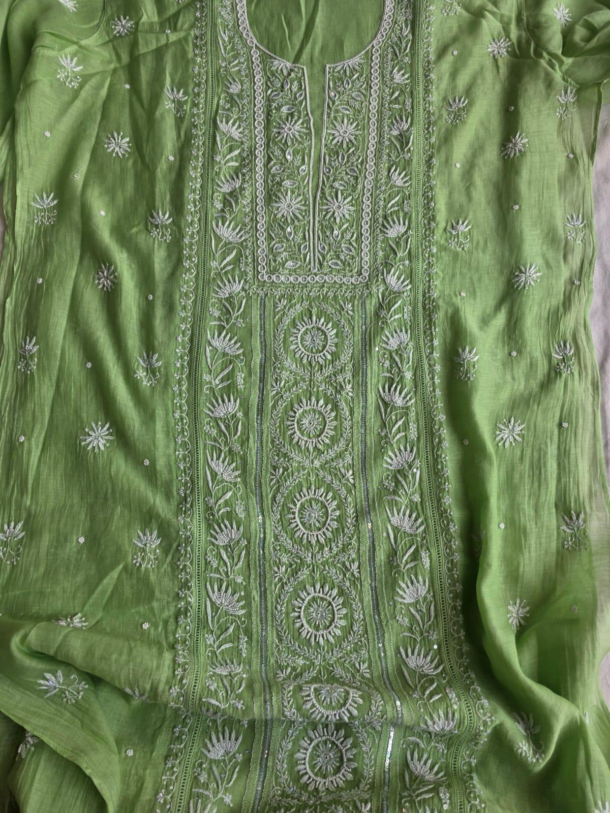 Green Mul chanderi Chikan work Kurta dupatta with Add on