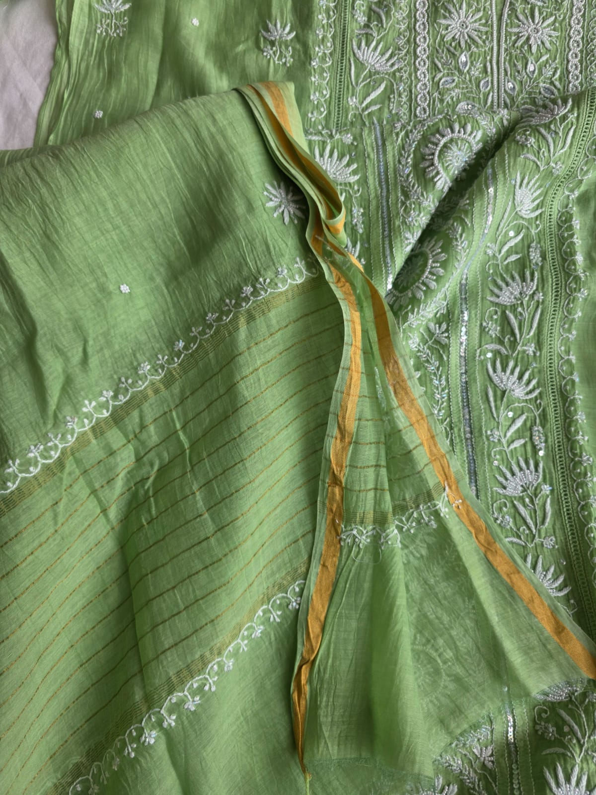 Green Mul chanderi Chikan work Kurta dupatta with Add on