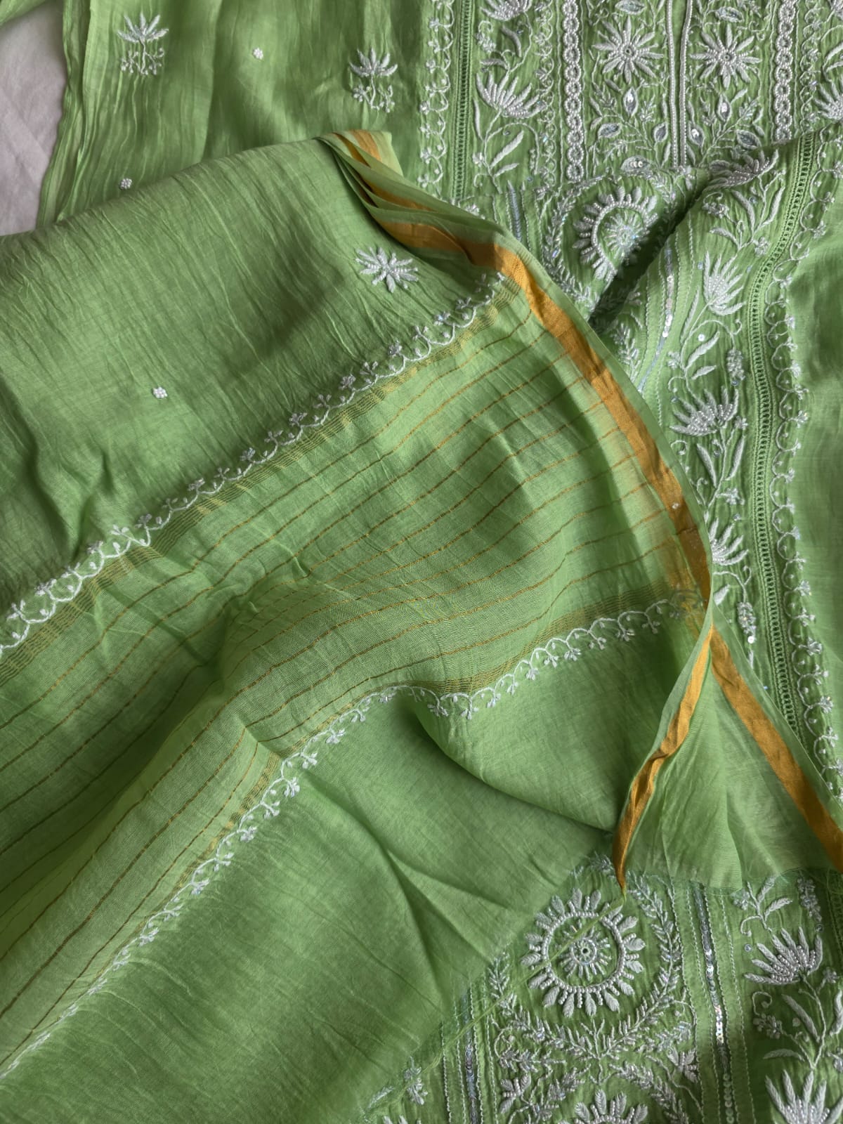 Green Mul chanderi Chikan work Kurta dupatta with Add on