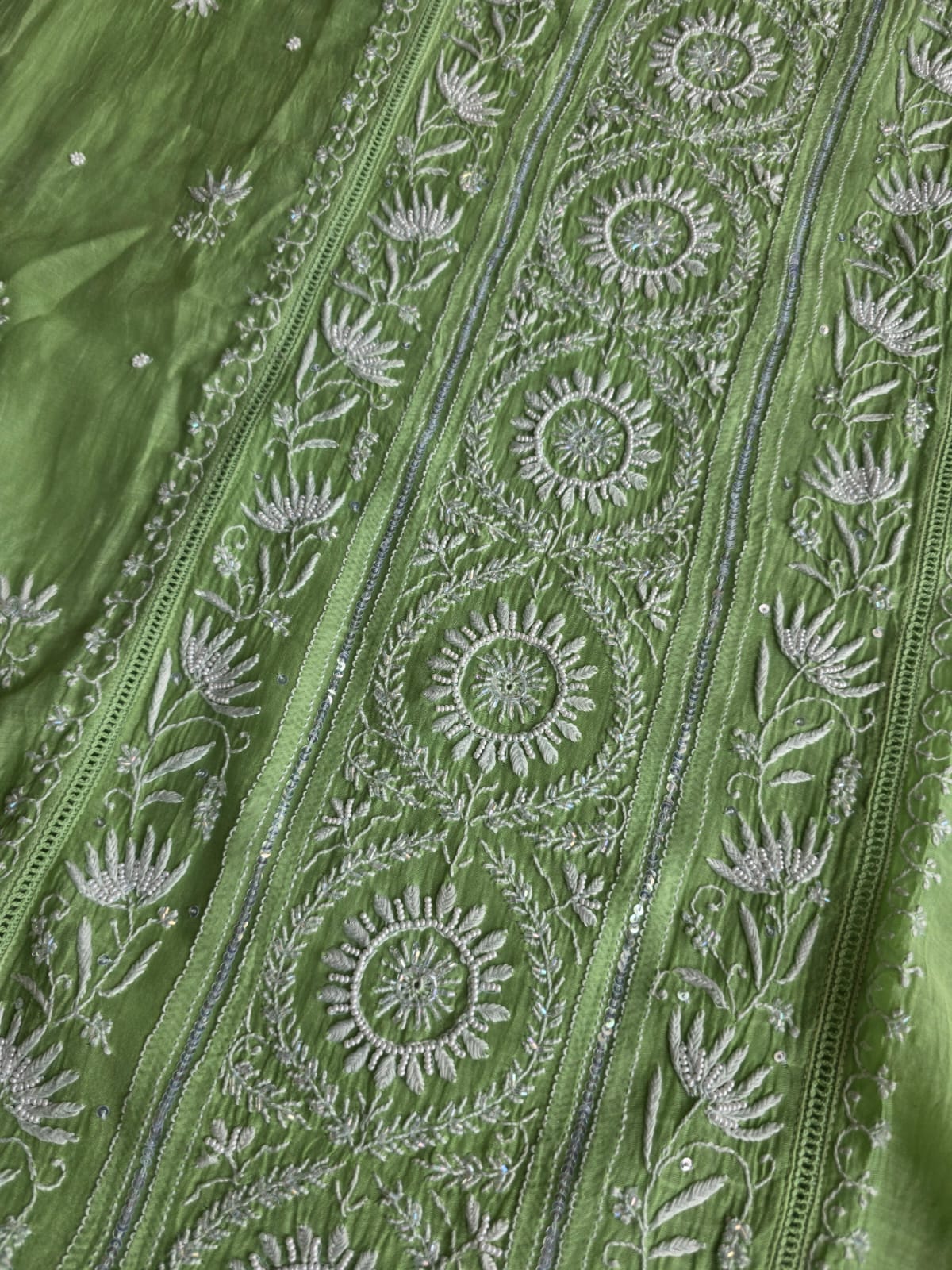 Green Mul chanderi Chikan work Kurta dupatta with Add on