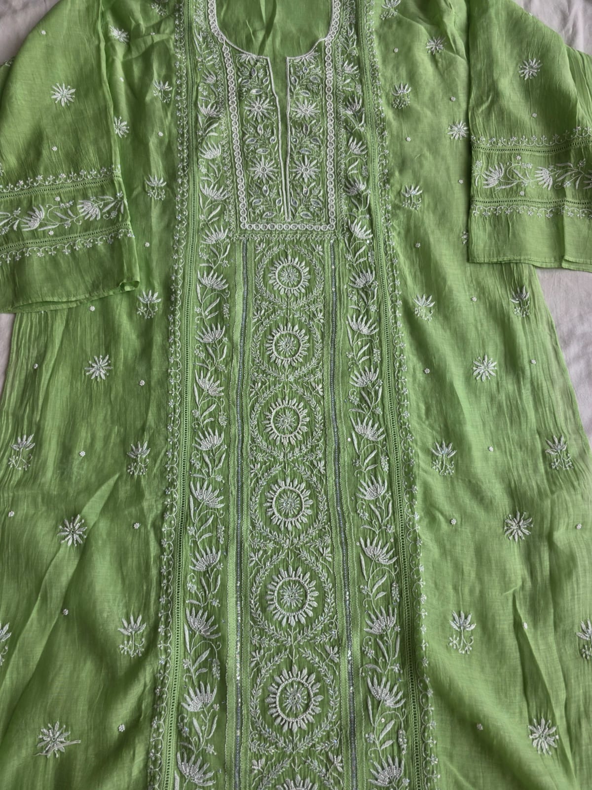 Green Mul chanderi Chikan work Kurta dupatta with Add on