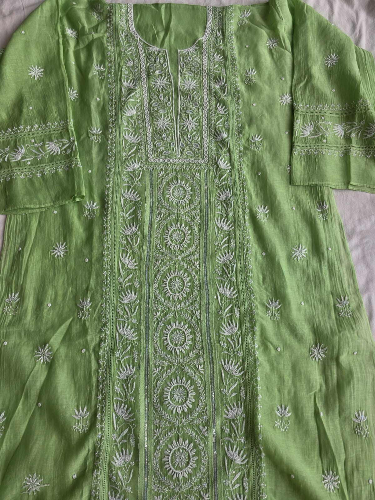Green Mul chanderi Chikan work Kurta dupatta with Add on