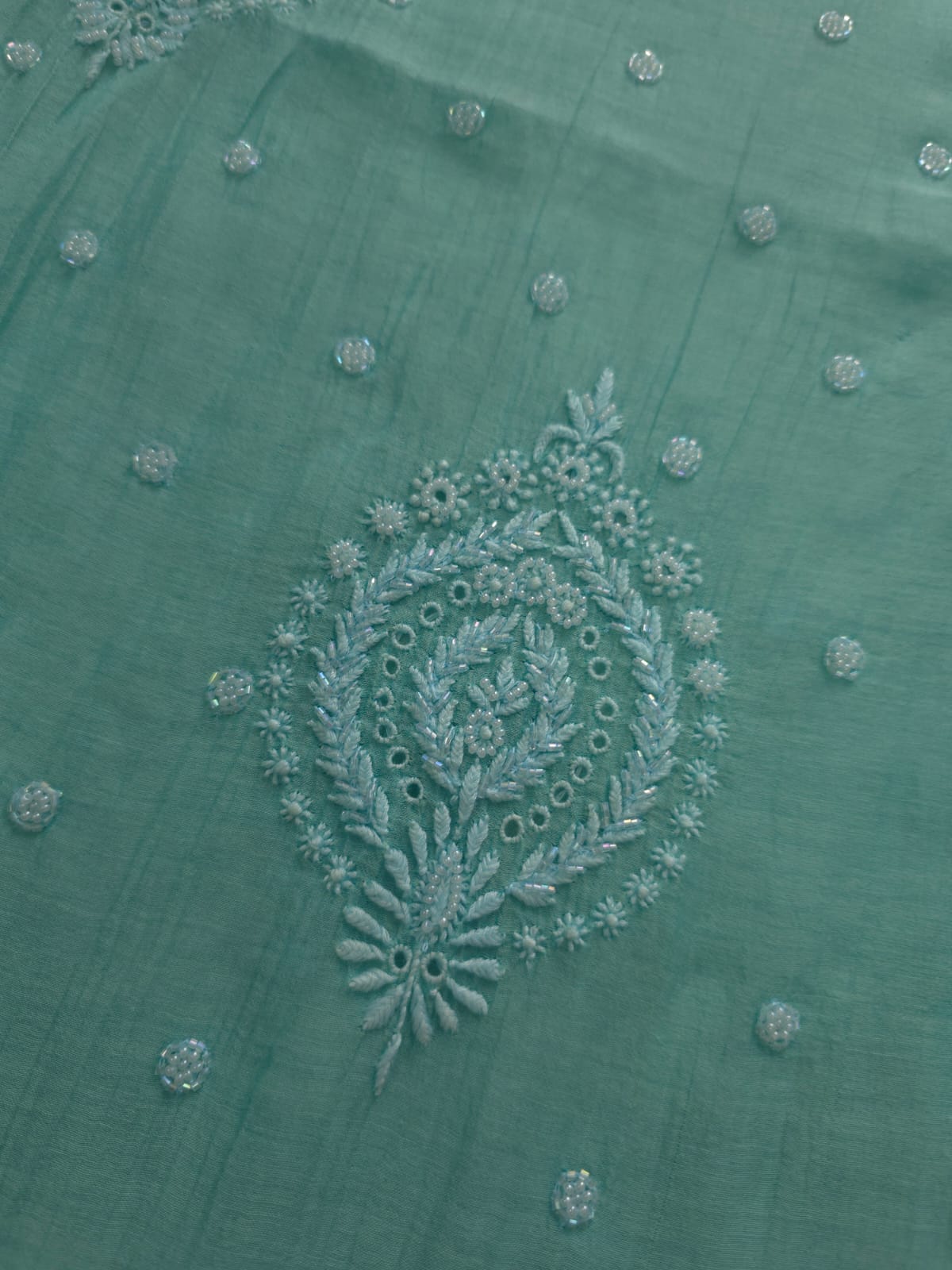 Green Mul chanderi kurta dupatta with chikanwork and embellishments