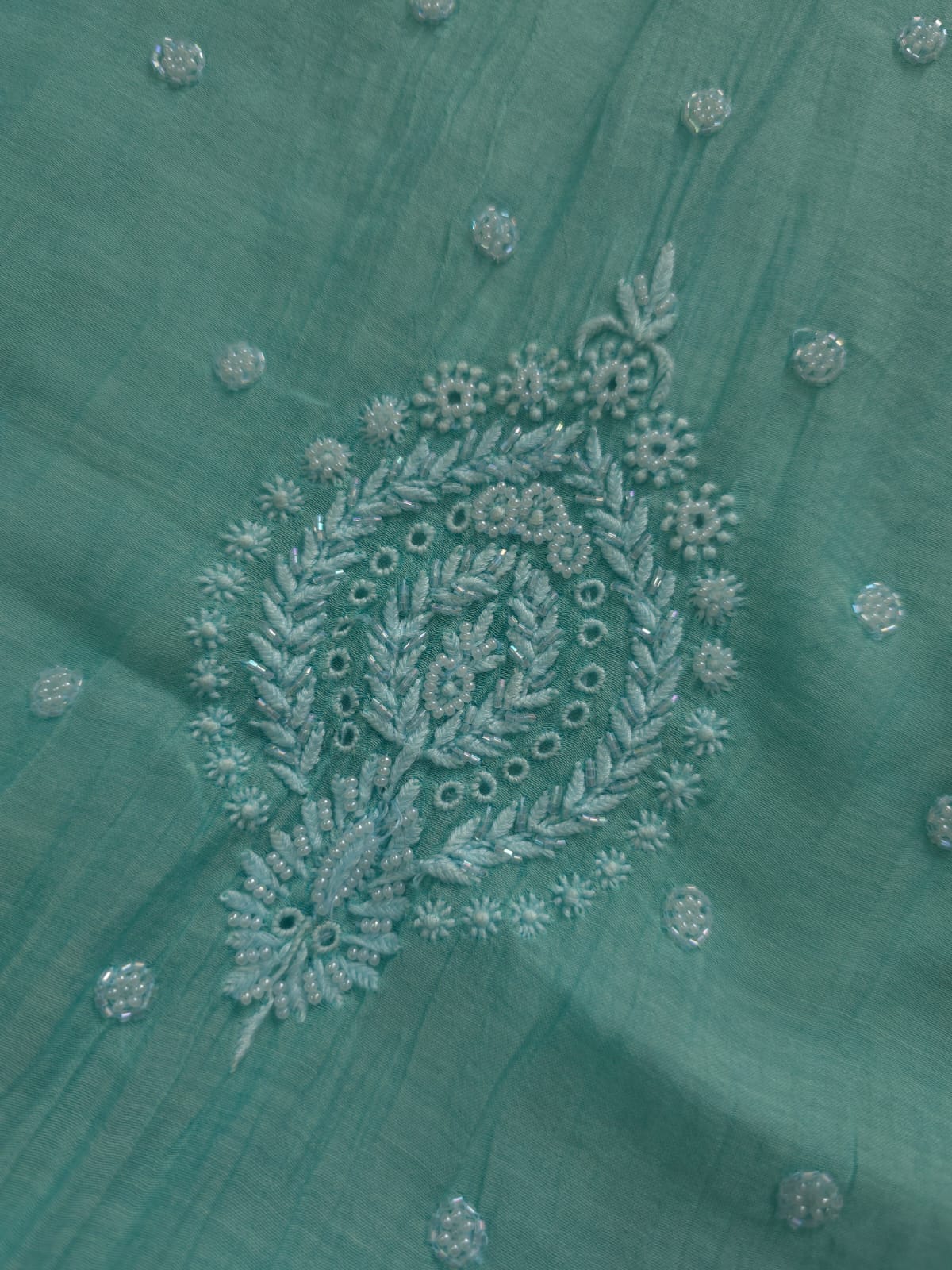 Green Mul chanderi kurta dupatta with chikanwork and embellishments
