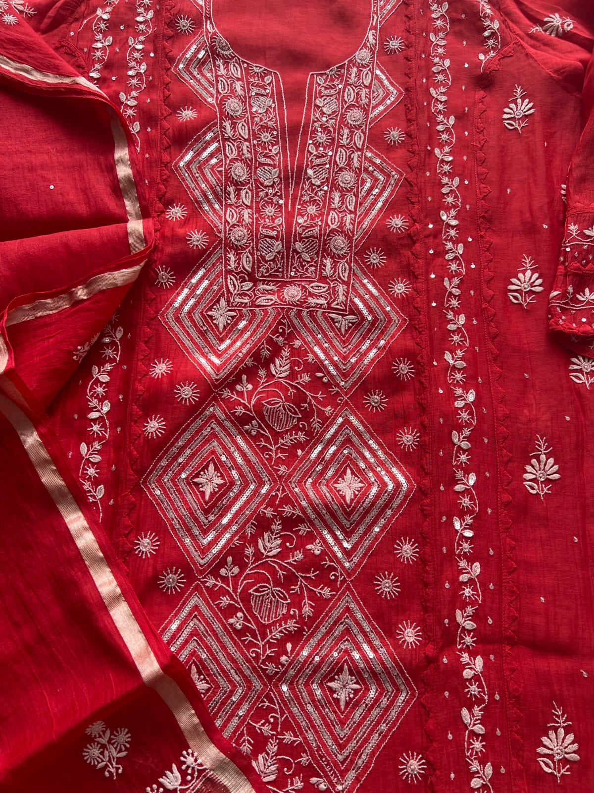 Deep Red Semistitched Kurta dupatta with fine handwork