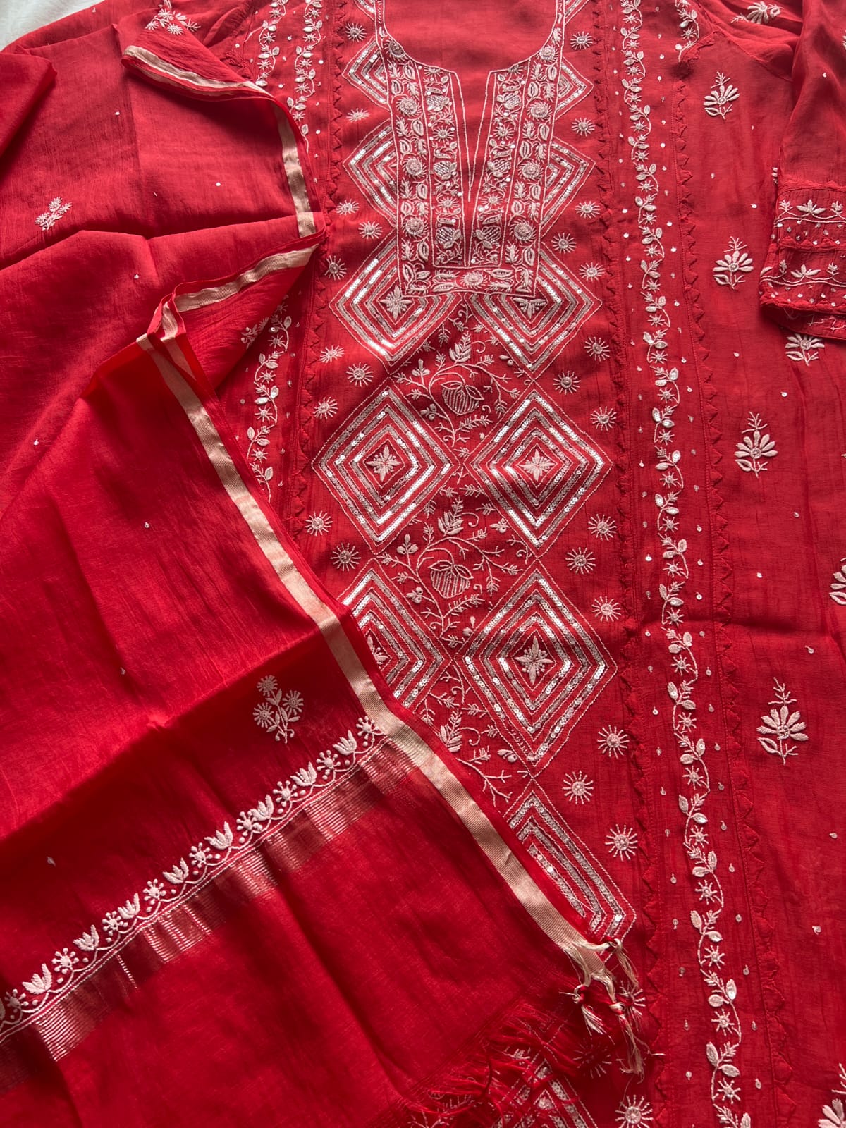Deep Red Semistitched Kurta dupatta with fine handwork