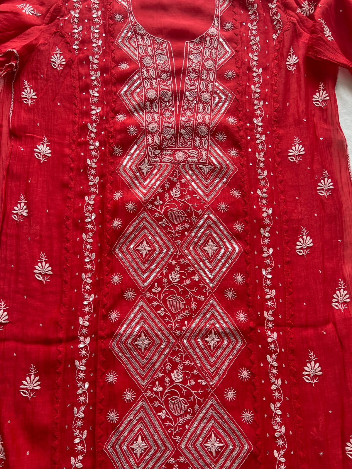 Deep Red Semistitched Kurta dupatta with fine handwork