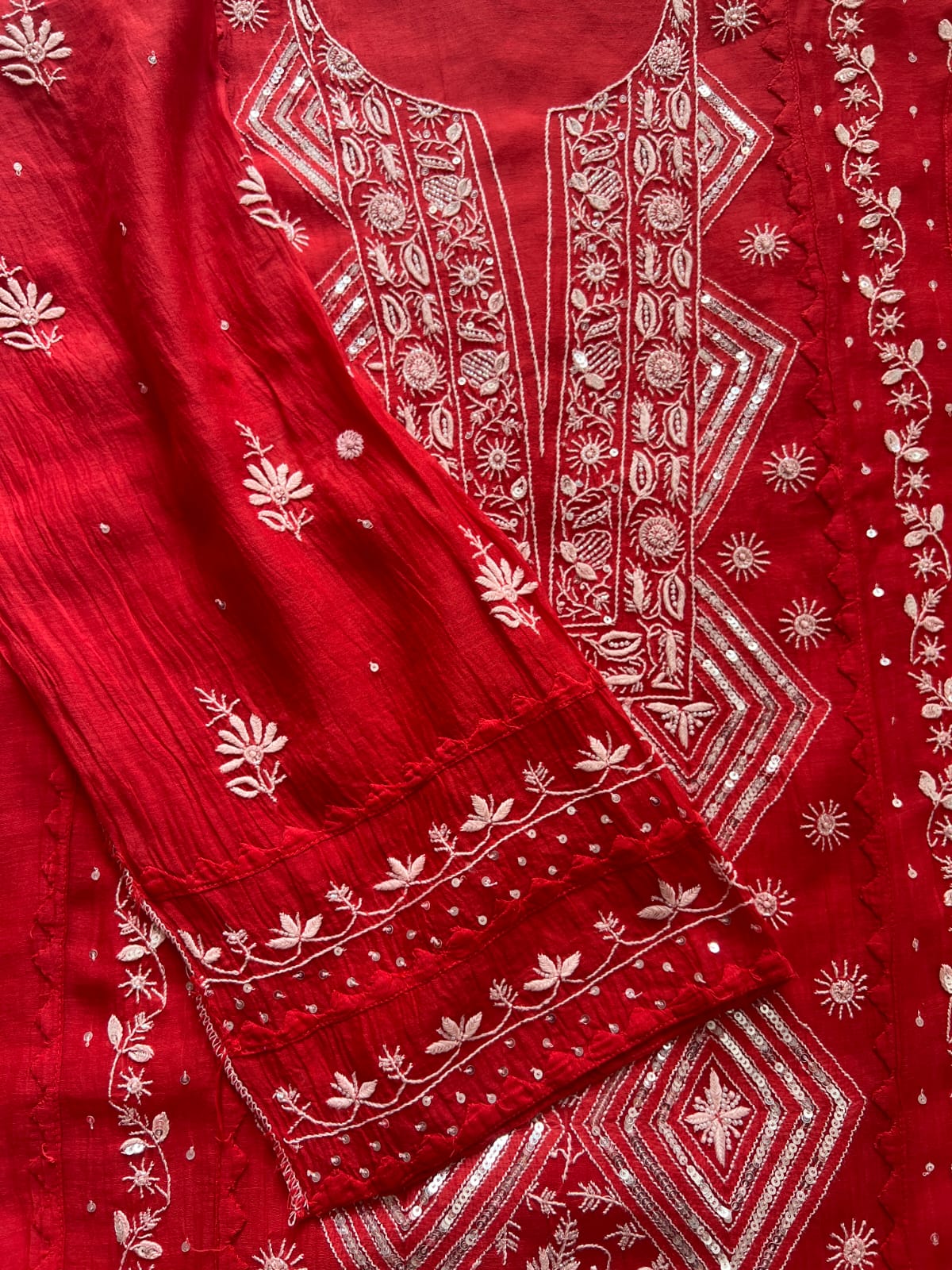 Deep Red Semistitched Kurta dupatta with fine handwork