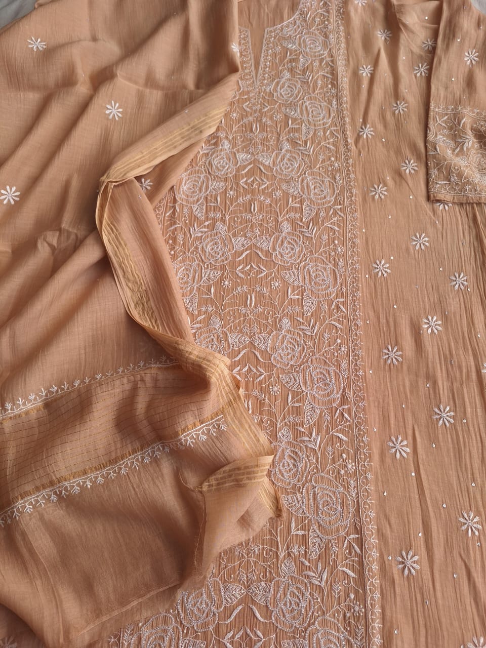 Cheeku color Semi stitched Kurta dupatta with intricate handwork and highlights