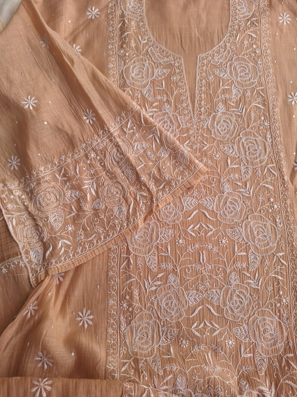 Cheeku color Semi stitched Kurta dupatta with intricate handwork and highlights