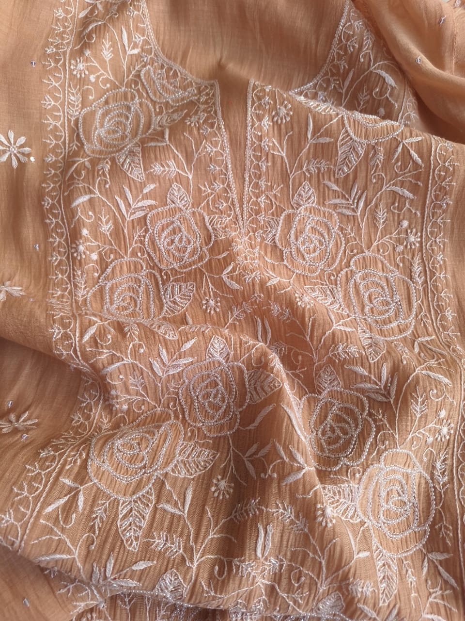 Cheeku color Semi stitched Kurta dupatta with intricate handwork and highlights