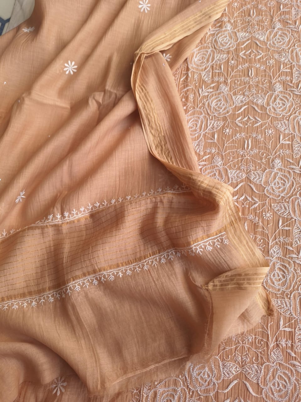 Cheeku color Semi stitched Kurta dupatta with intricate handwork and highlights