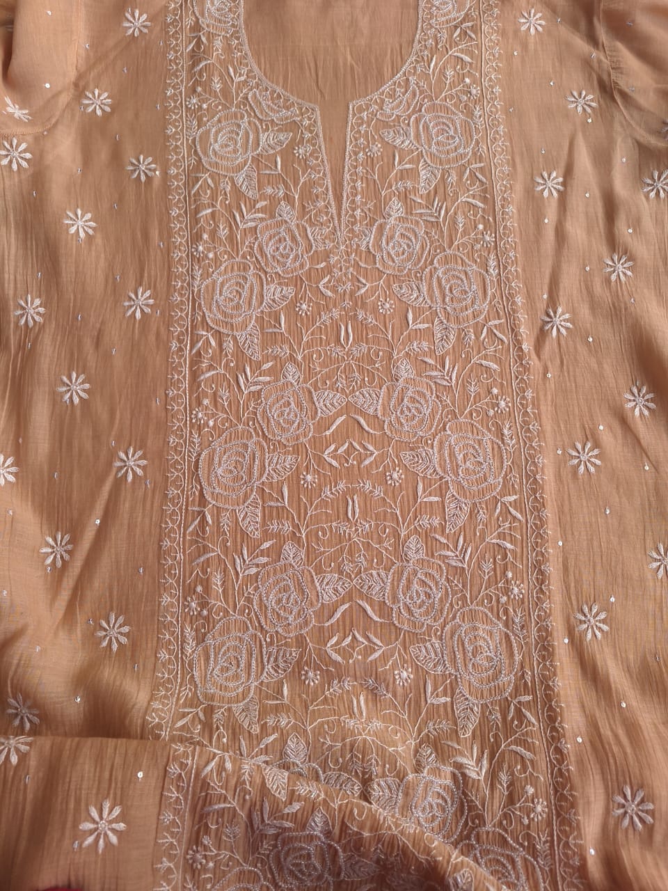 Cheeku color Semi stitched Kurta dupatta with intricate handwork and highlights