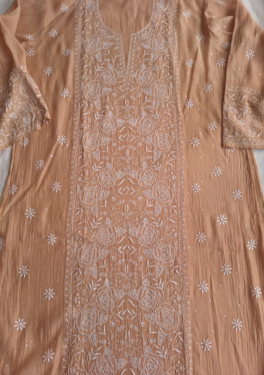 Cheeku color Semi stitched Kurta dupatta with intricate handwork and highlights