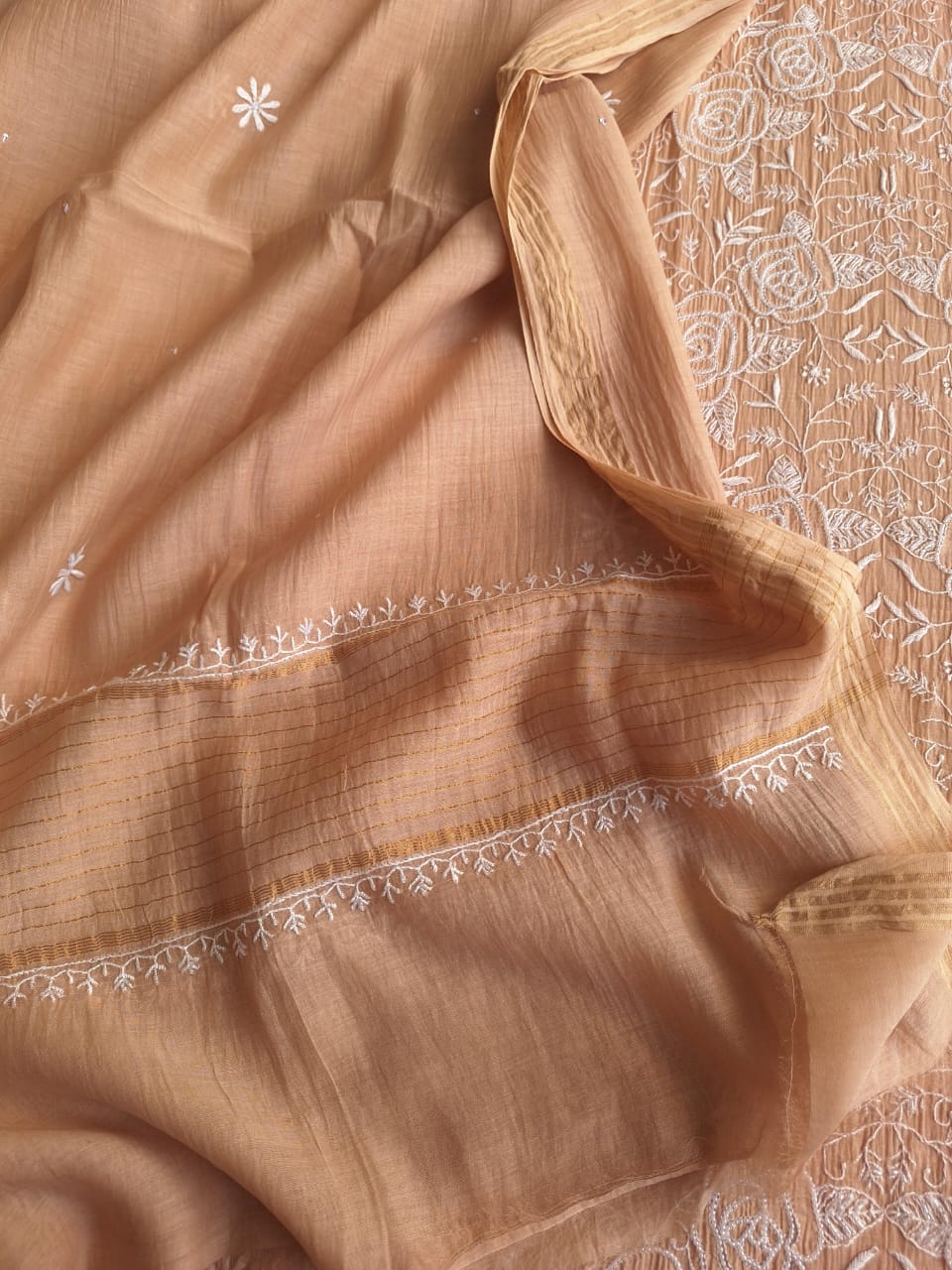 Cheeku color Semi stitched Kurta dupatta with intricate handwork and highlights