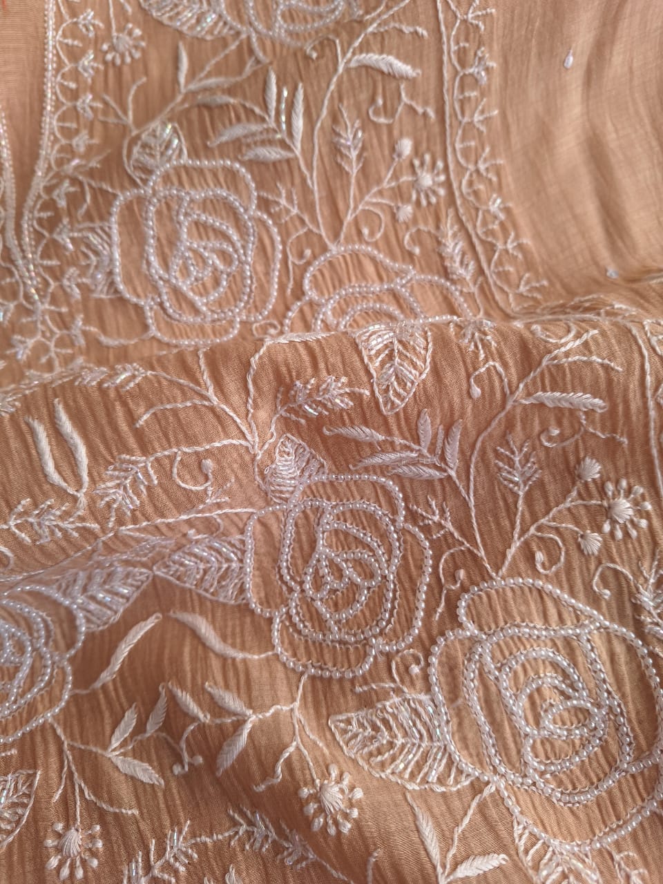 Cheeku color Semi stitched Kurta dupatta with intricate handwork and highlights