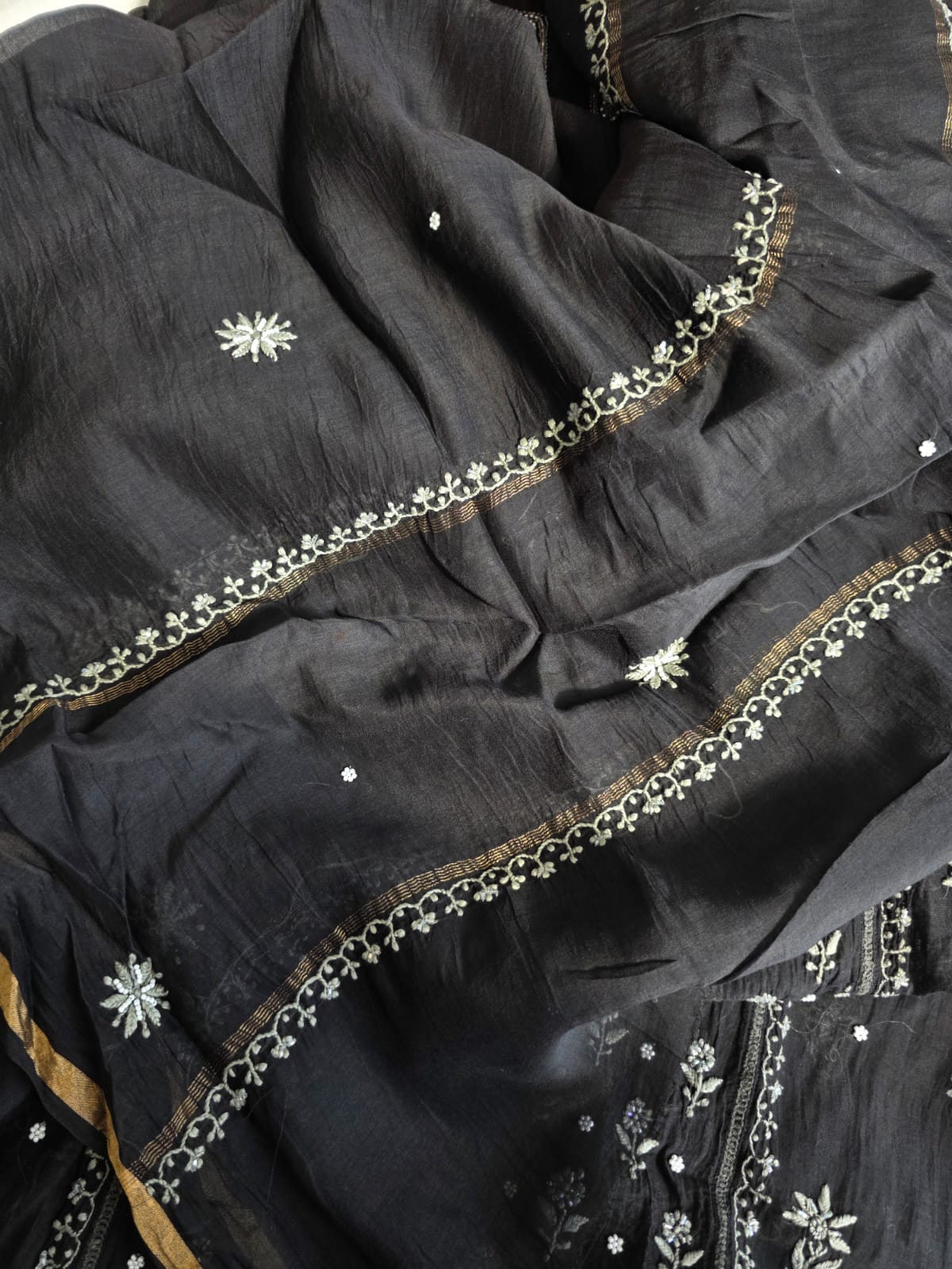 Black Mul chanderi semi stitched kurta dupatta with handwork