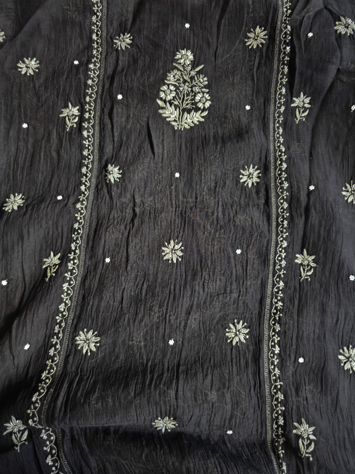Black Mul chanderi semi stitched kurta dupatta with handwork