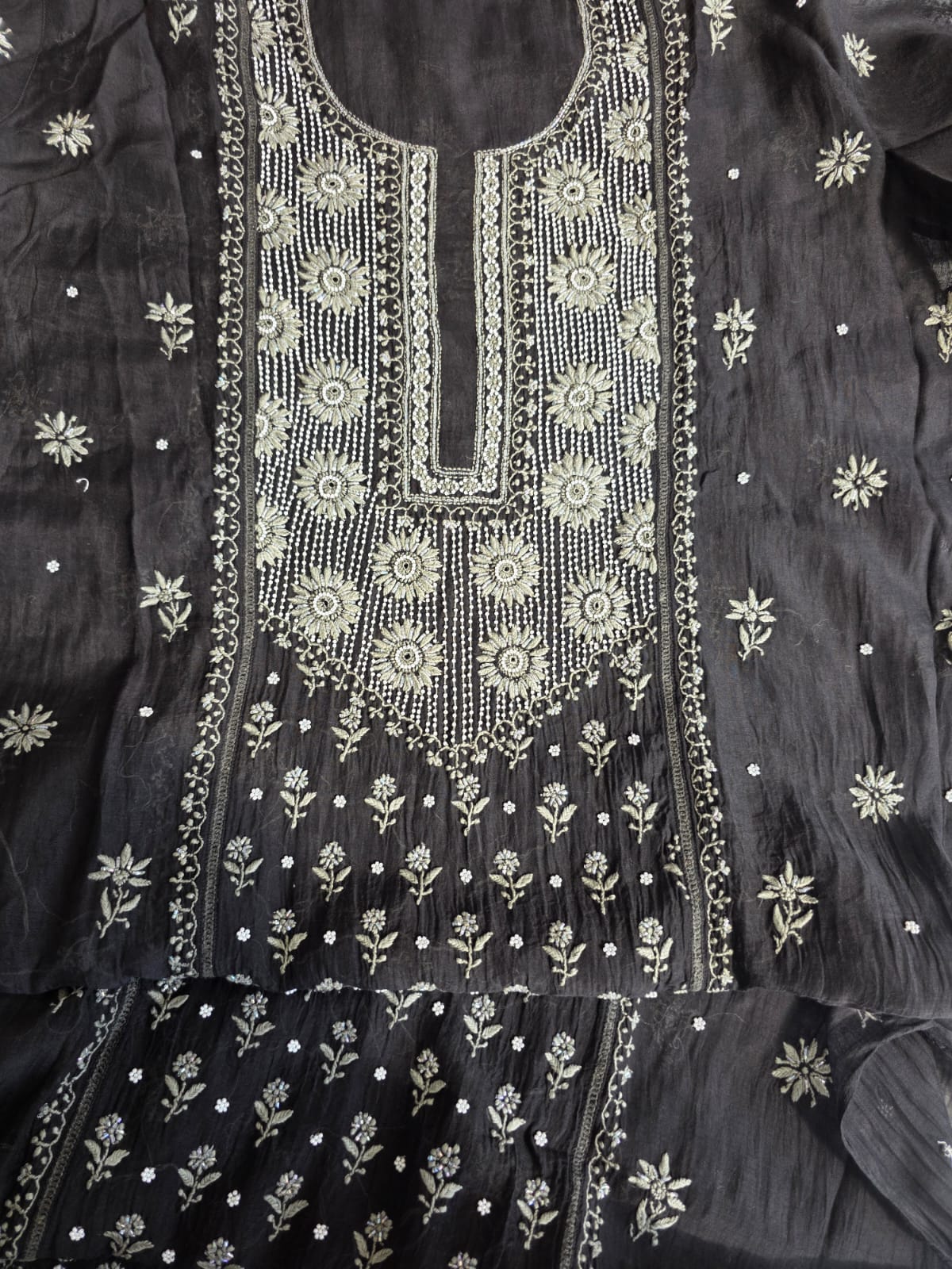 Black Mul chanderi semi stitched kurta dupatta with handwork
