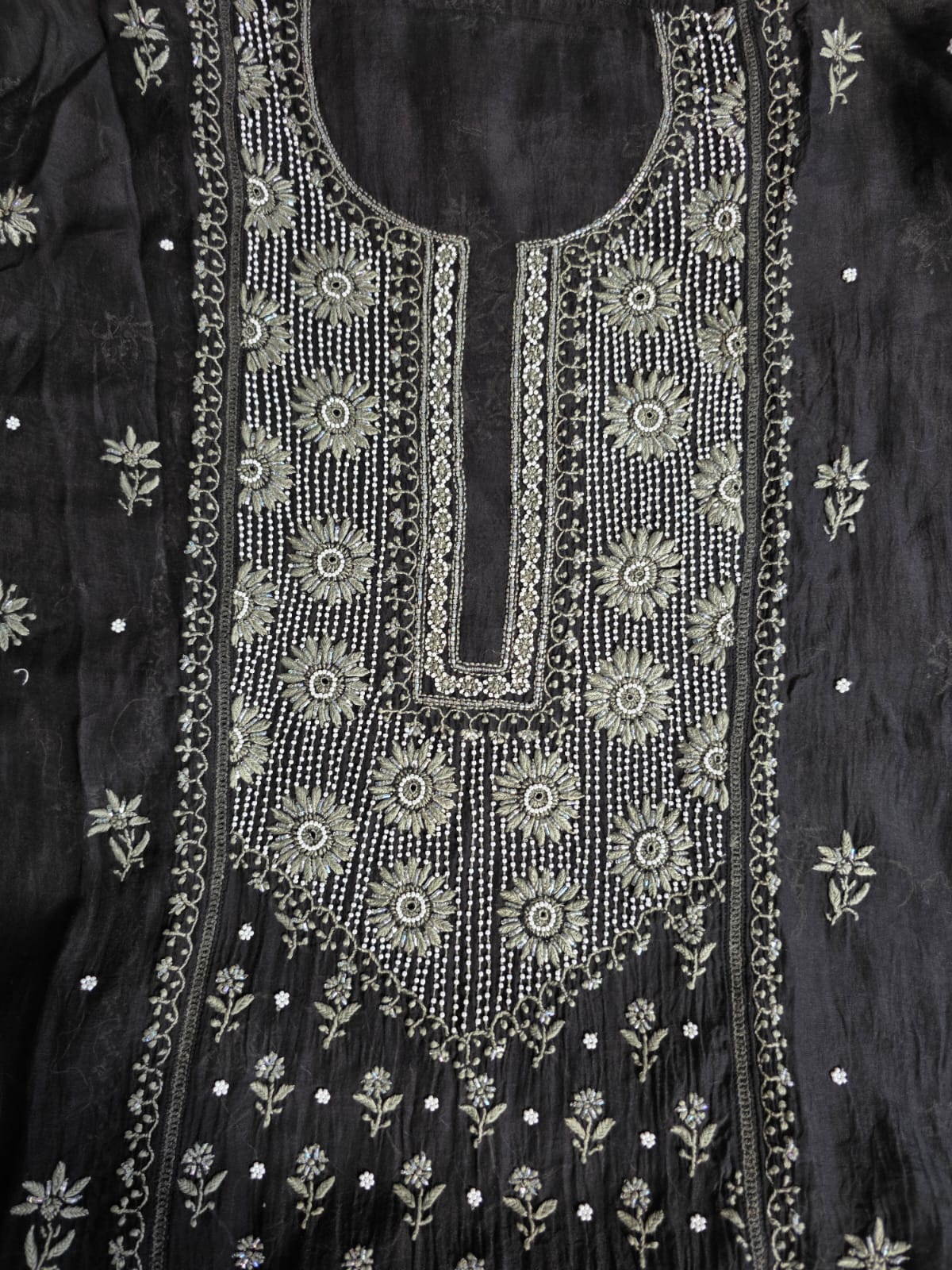 Black Mul chanderi semi stitched kurta dupatta with handwork