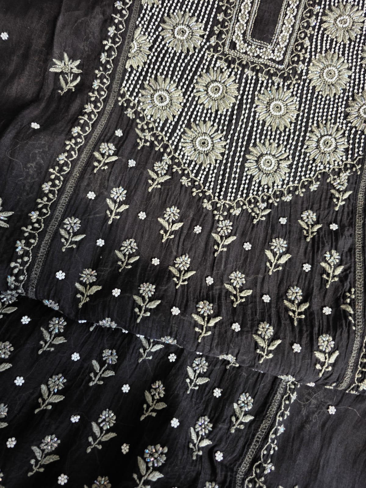 Black Mul chanderi semi stitched kurta dupatta with handwork