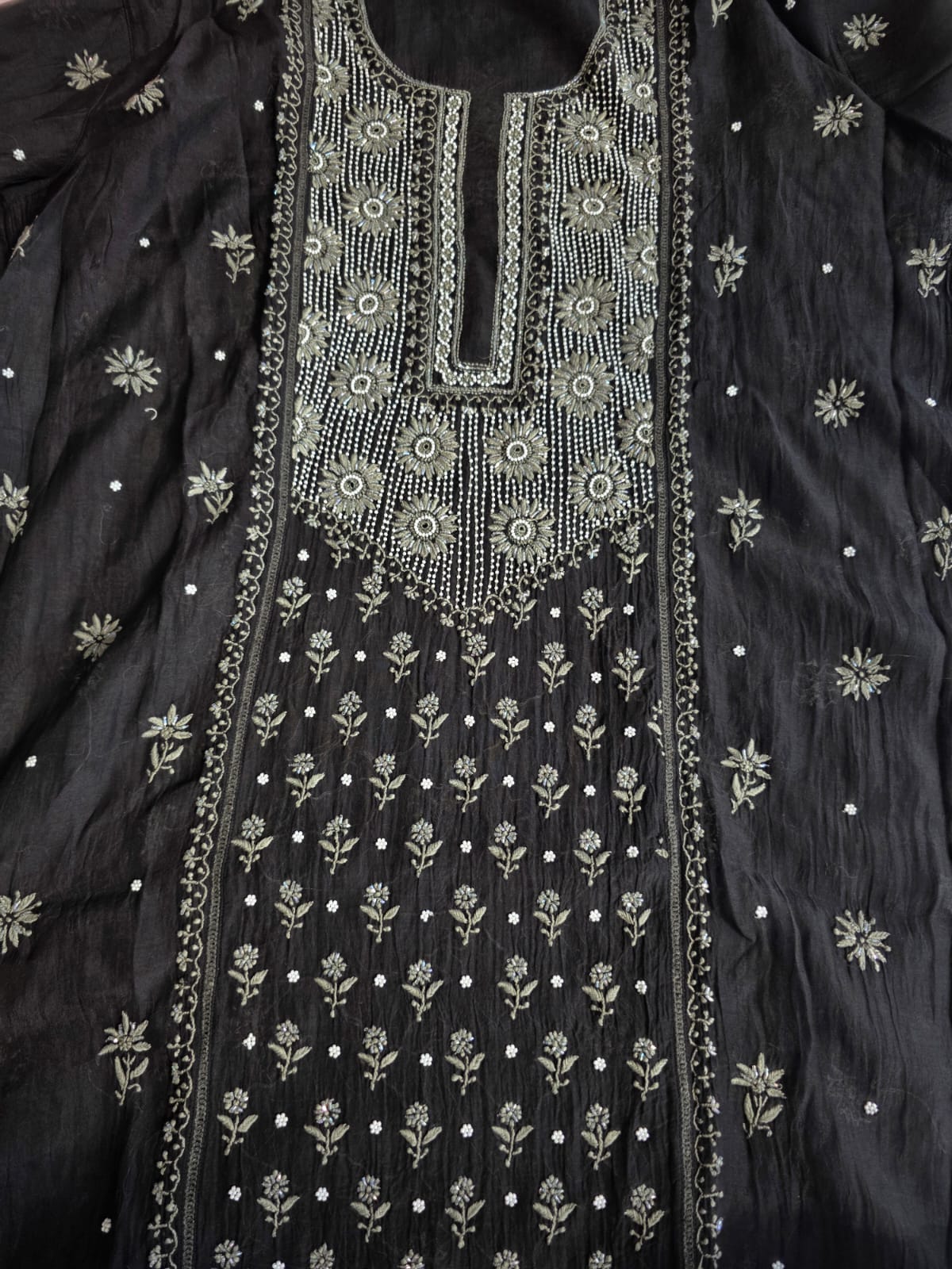 Black Mul chanderi semi stitched kurta dupatta with handwork
