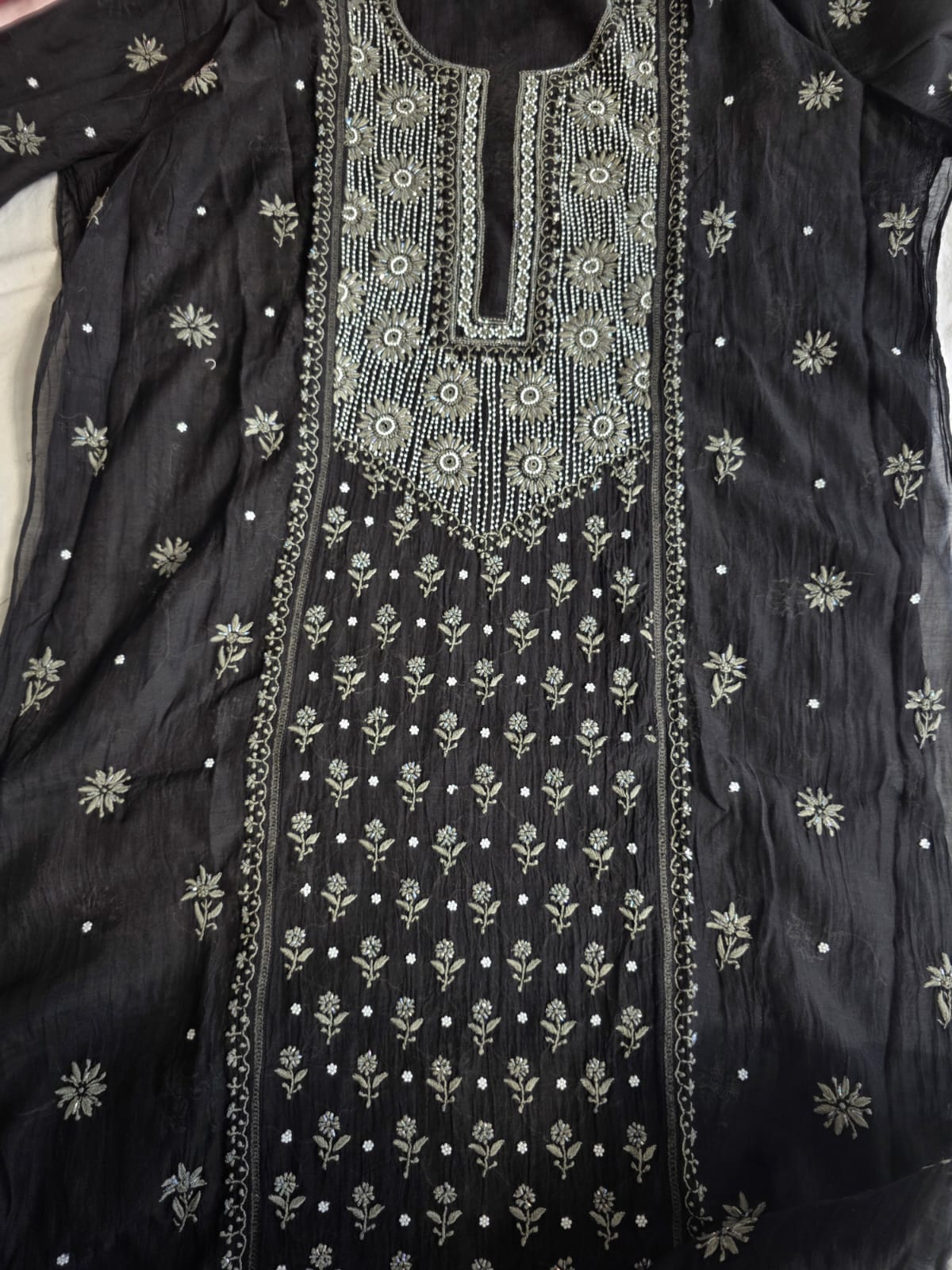 Black Mul chanderi semi stitched kurta dupatta with handwork