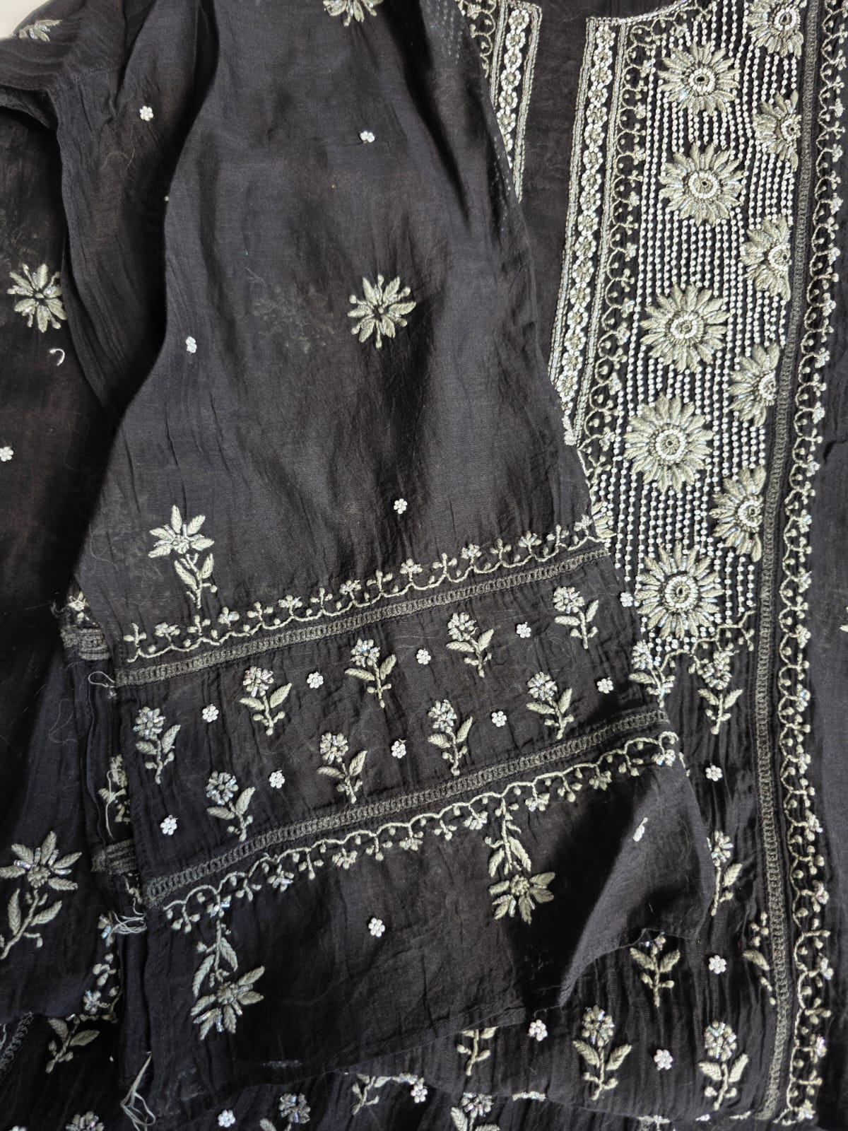 Black Mul chanderi semi stitched kurta dupatta with handwork