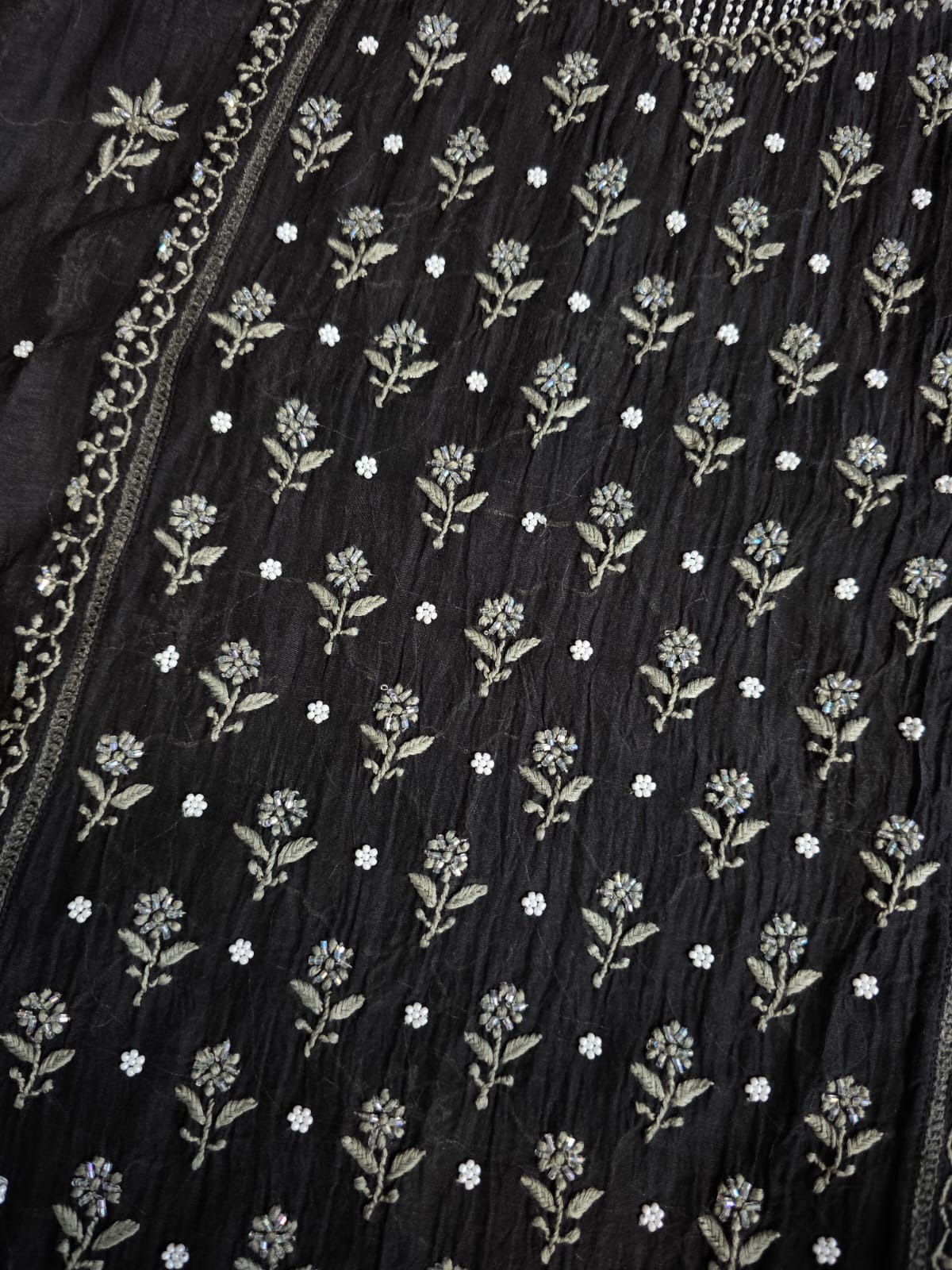 Black Mul chanderi semi stitched kurta dupatta with handwork
