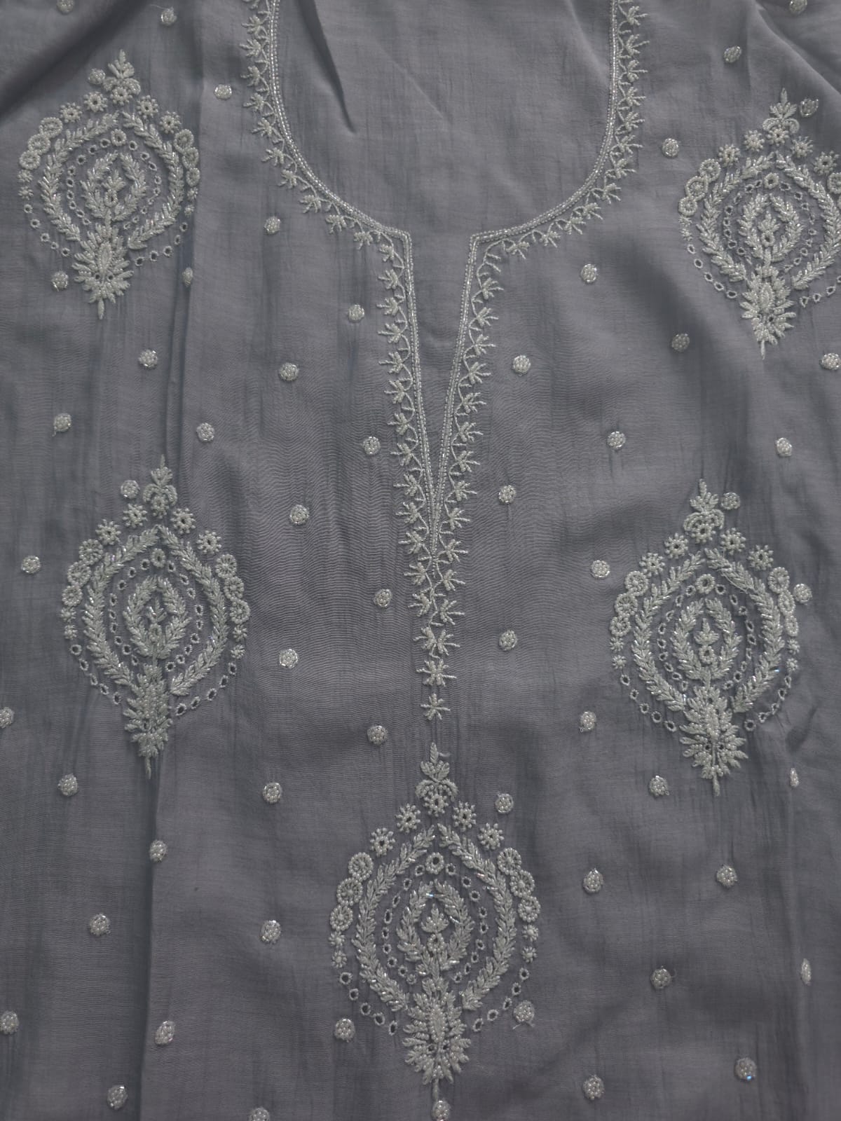 Grey Mul Chanderi Semi Stitched Kurta dupatta with Hand work and embellishments