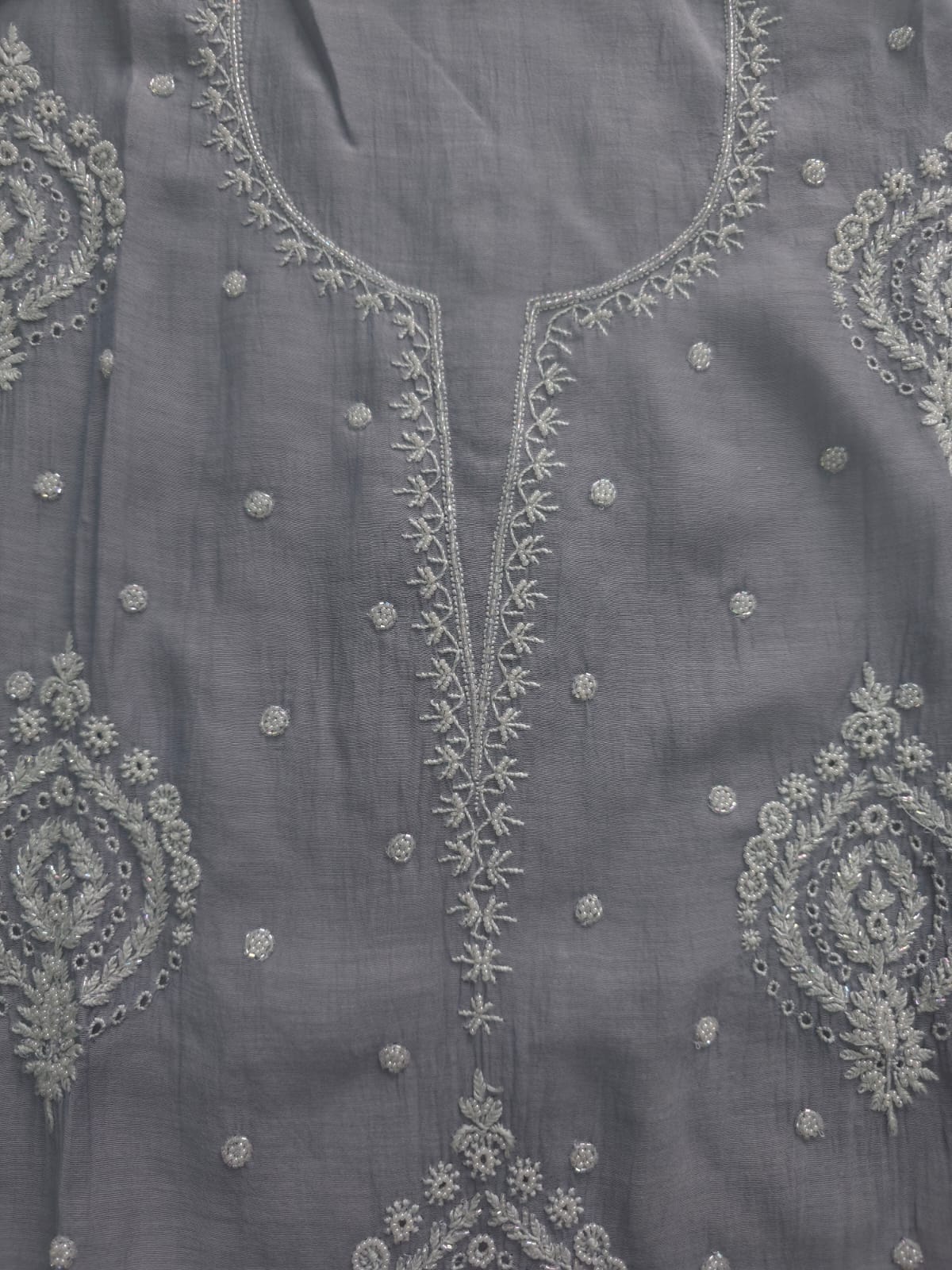 Grey Mul Chanderi Semi Stitched Kurta dupatta with Hand work and embellishments