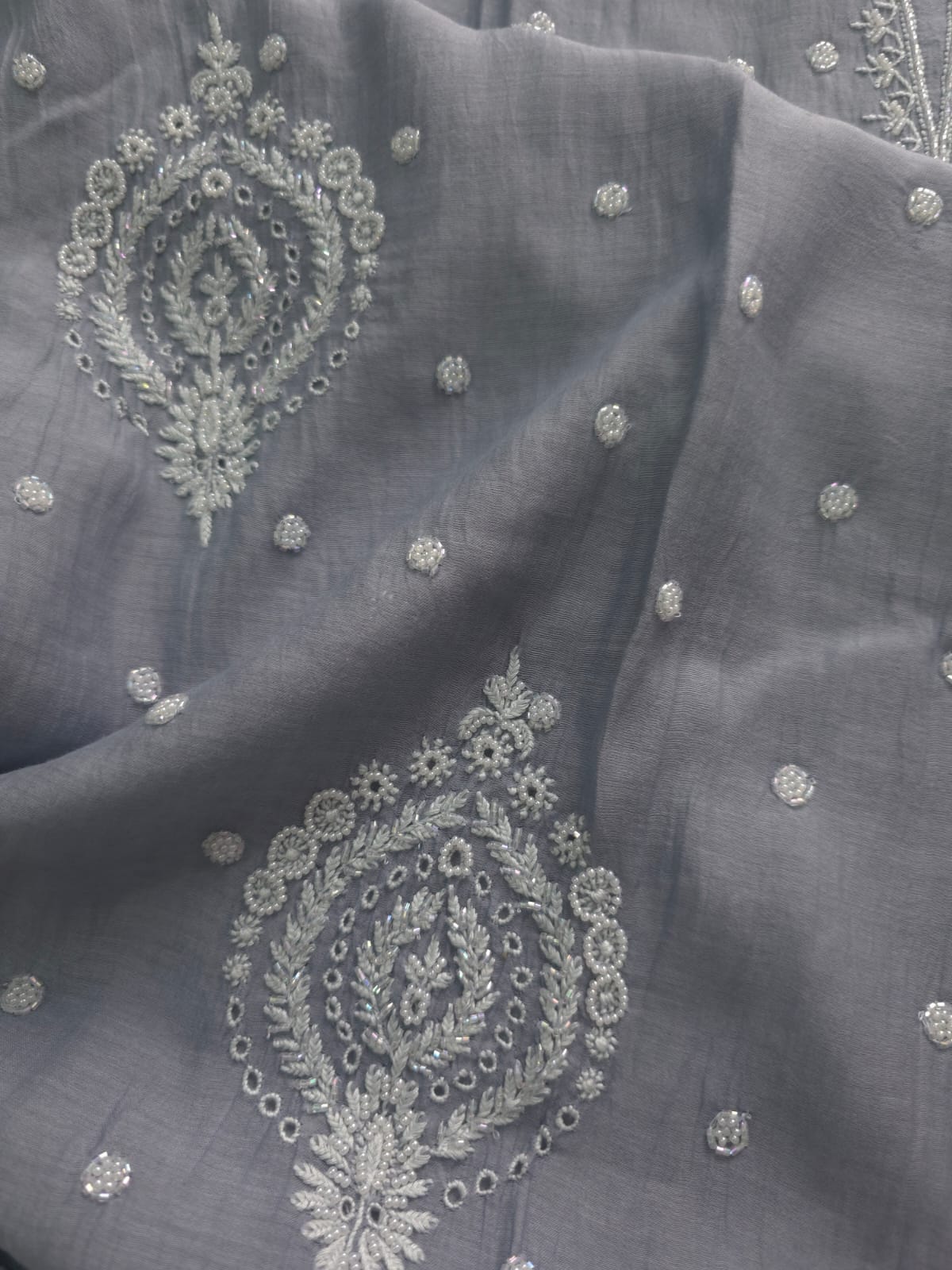 Grey Mul Chanderi Semi Stitched Kurta dupatta with Hand work and embellishments