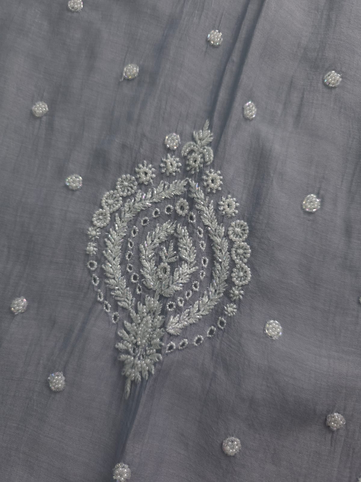 Grey Mul Chanderi Semi Stitched Kurta dupatta with Hand work and embellishments