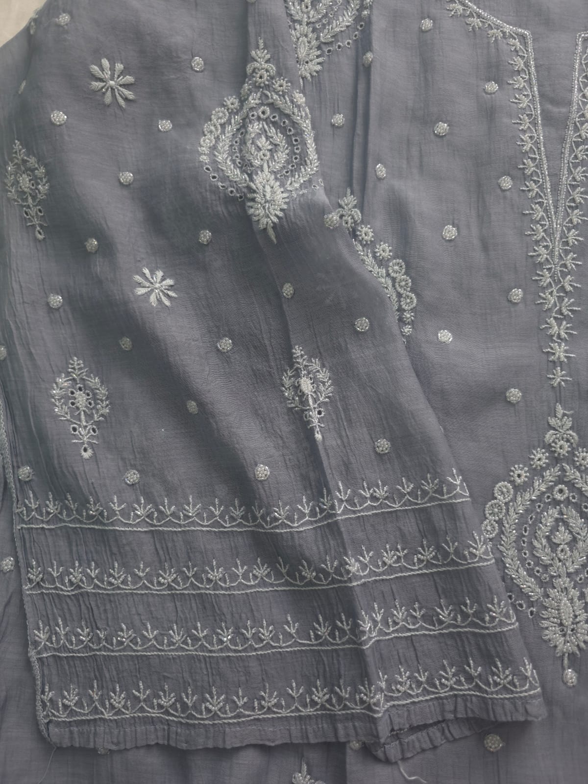 Grey Mul Chanderi Semi Stitched Kurta dupatta with Hand work and embellishments