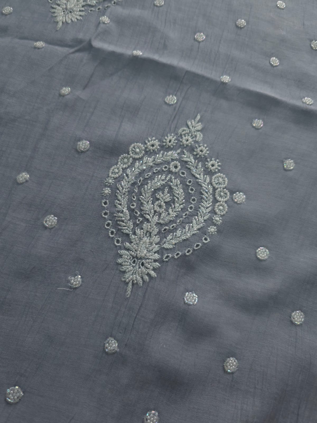 Grey Mul Chanderi Semi Stitched Kurta dupatta with Hand work and embellishments